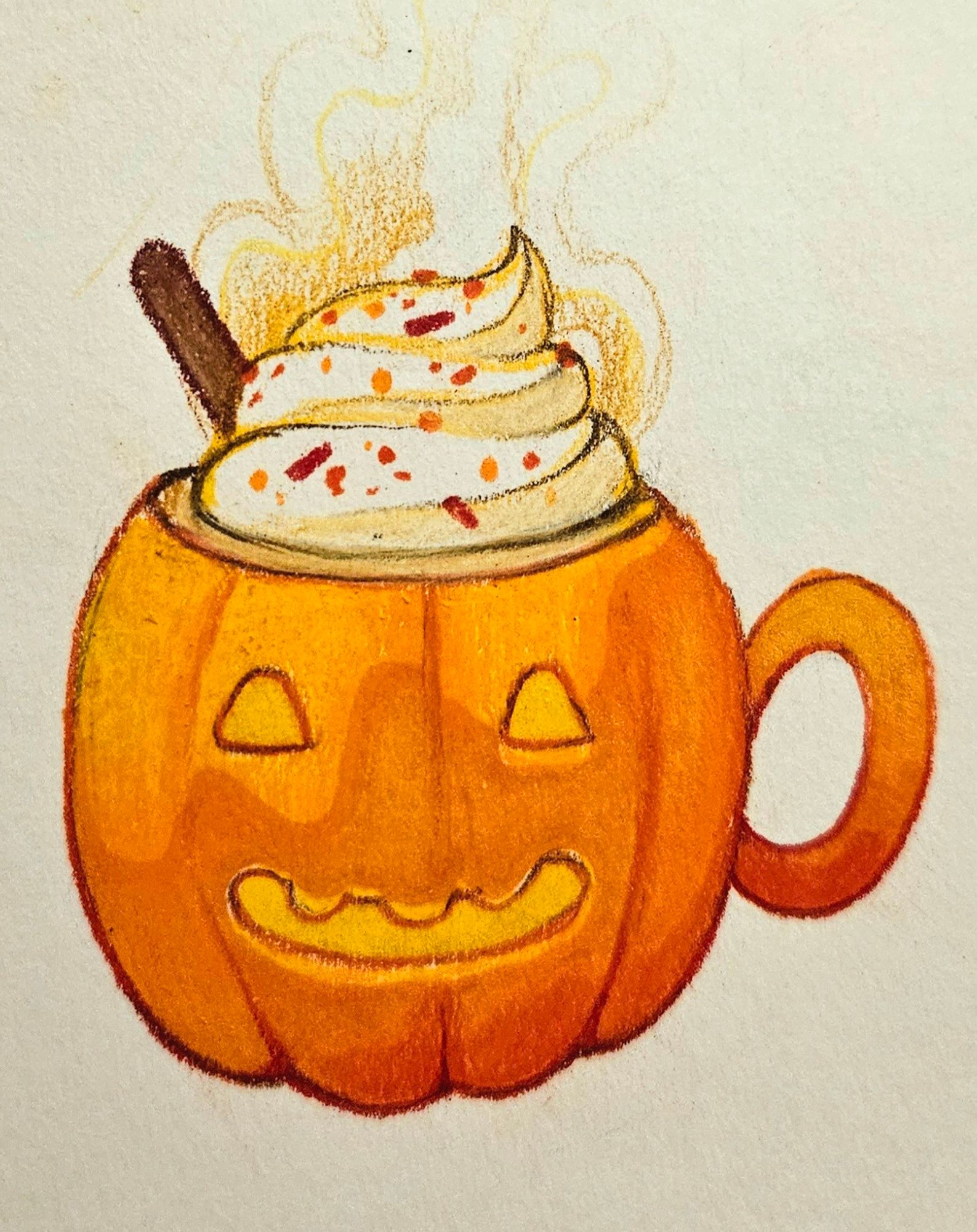 Colored pencil drawing of an orange mug shaped like a jack-o-lantern. It has whipped cream, sprinkles, and a cinnamon stick on top. 