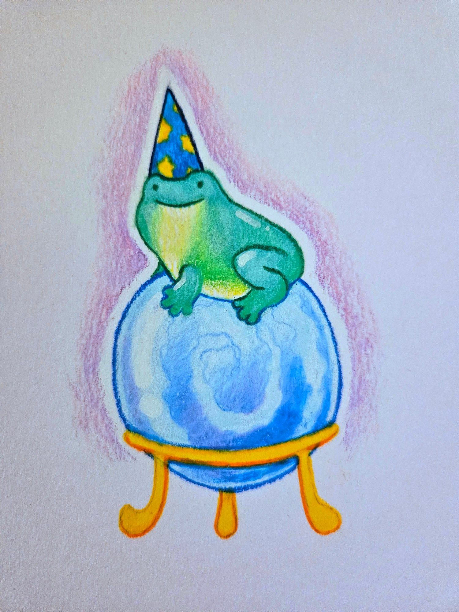 Colored pencil drawing of a frog on top of a crystal ball. He is wearing a pointy wizard's hat.