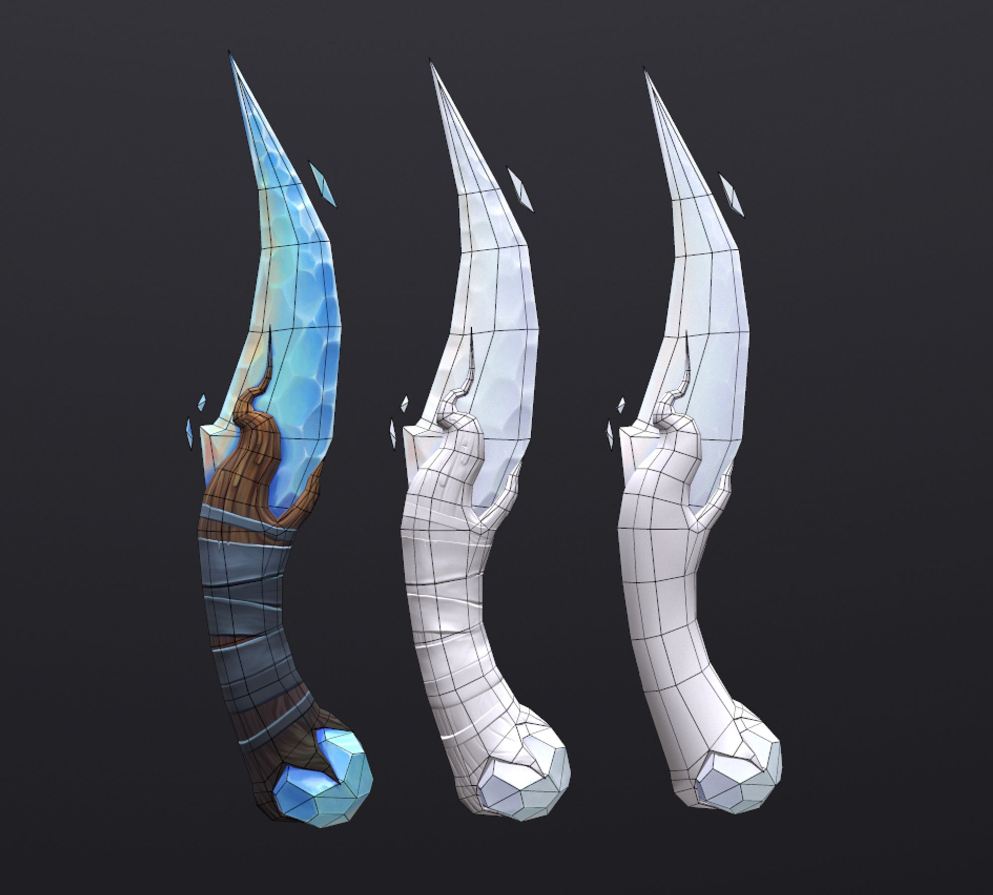 3D art of a knife with a blue crystalline blade and a wooden handle. 3 Versions of the knife are shown - one with full color, one with normal maps, and one with plain geometry. All are displaying wireframes.