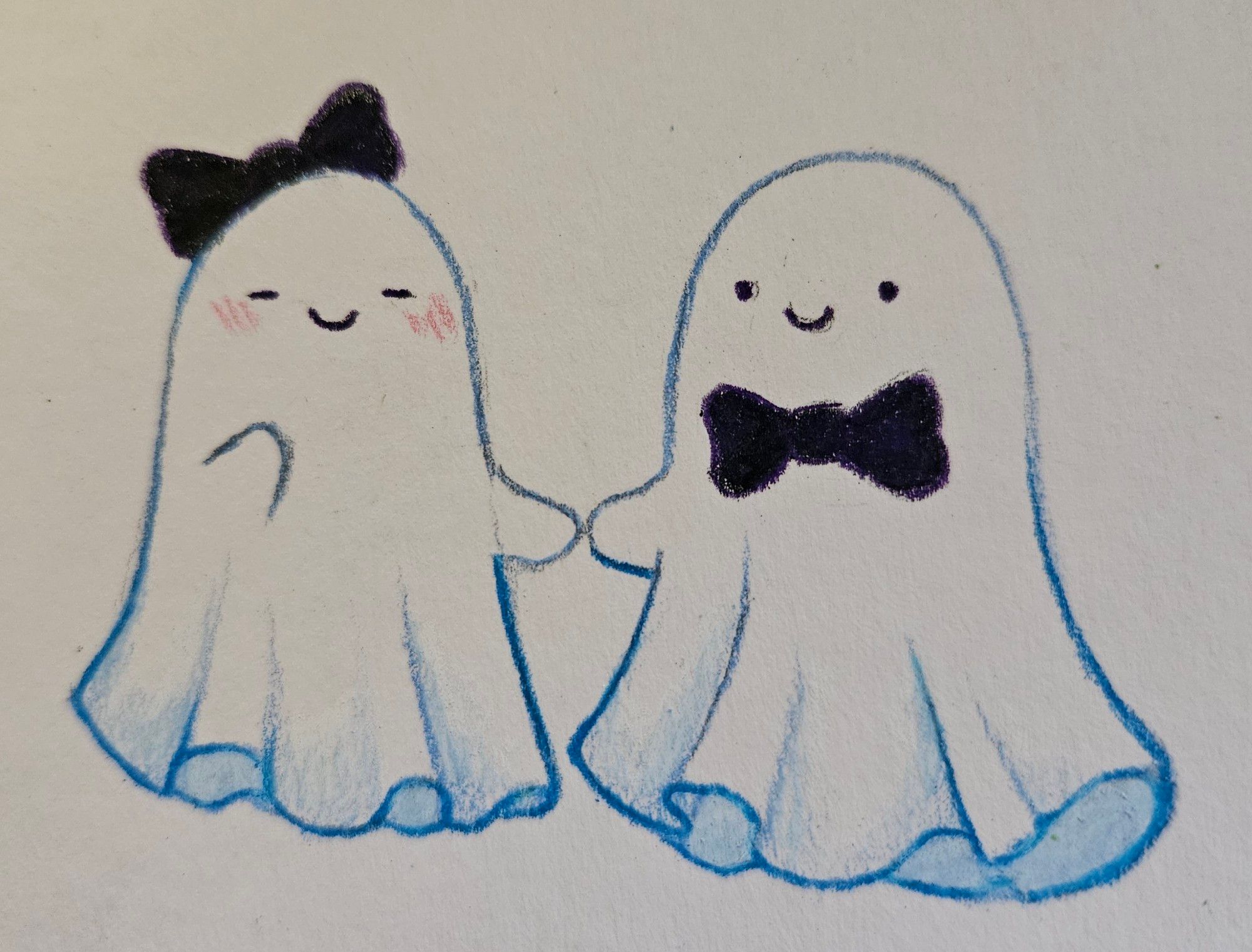 Colored pencil drawing of two ghosts. They are holding hands. One wears a black bow on their head, the other wears a black bow around their neck. 