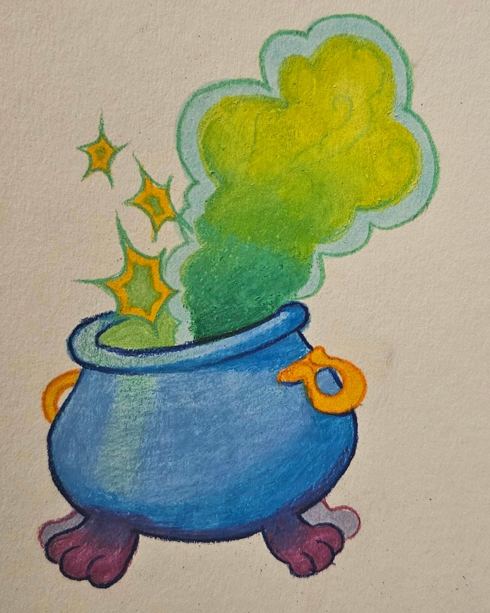 Colored pencil drawing of a blue cauldron with purple paw-like feet. It has green smoke and stars coming out of it.