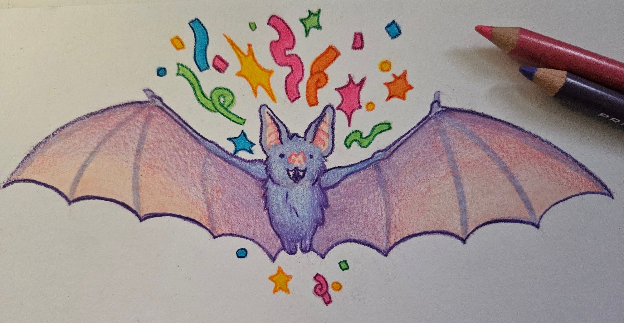 Colored pencil drawing of a pastel purple bat with pink wings and a happy expression. Colorful confetti and sparkles surround the bat.