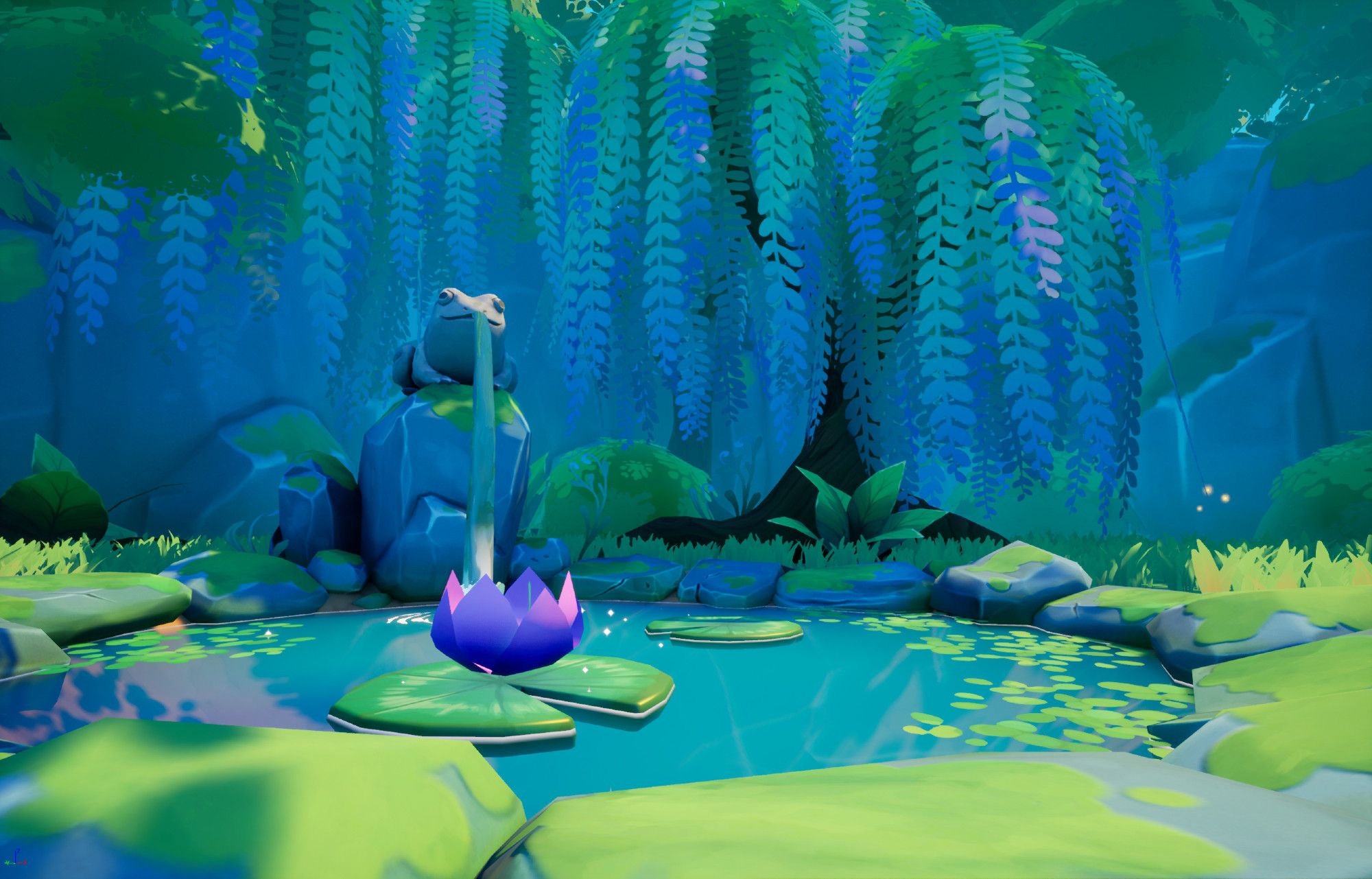 Unreal Engine 4 scene of a frog shaped fountain, in a blue/green forest with willow trees, and a pond.