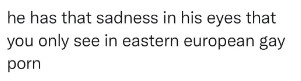 Tweet screenshot reading "he has a sadness in his eyes that you only see in eastern european gay porn"