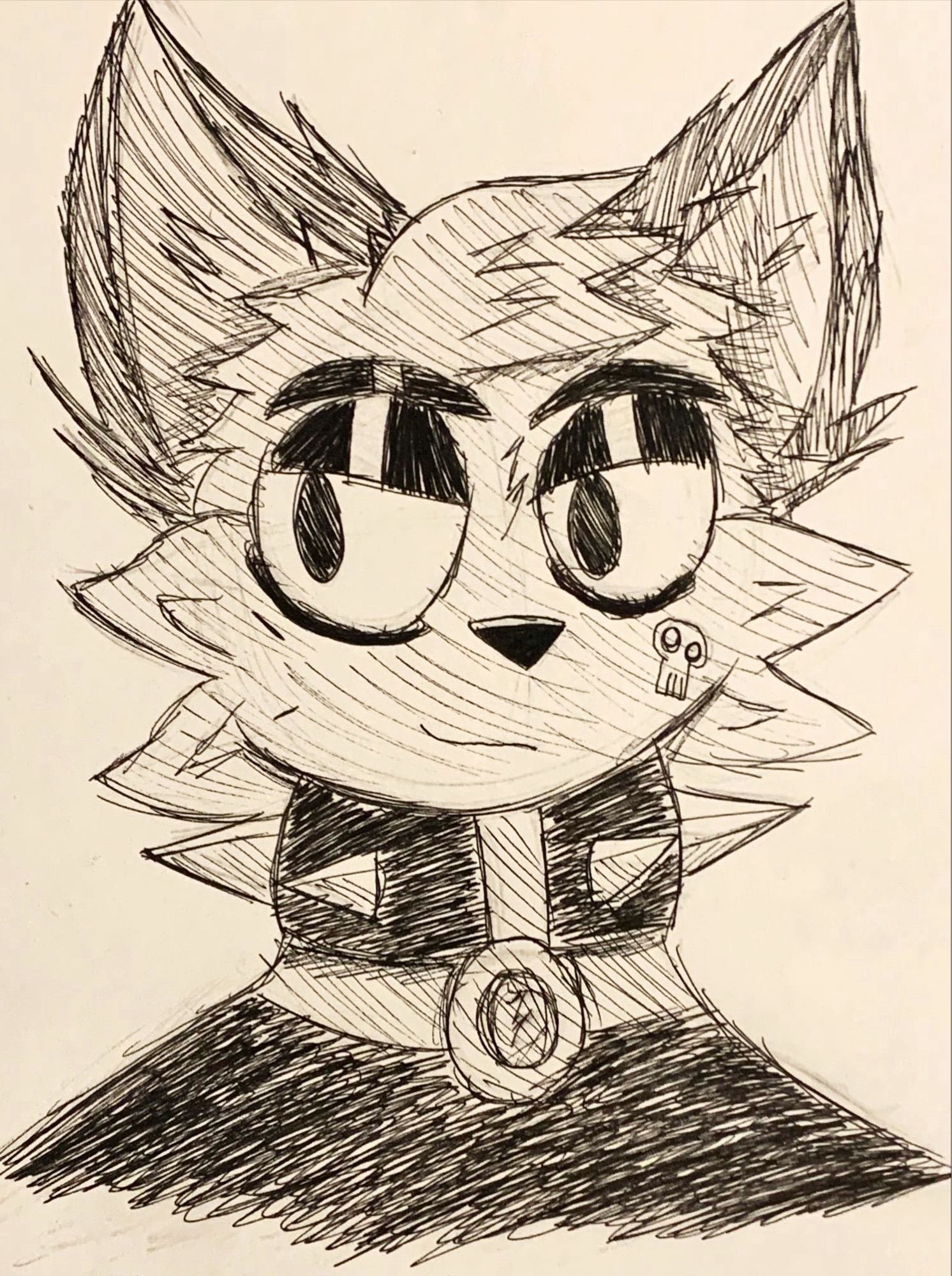 A black biro headshot of an anthro cat. He is wearing black eyeliner and has a skull mark on his right cheek. He is wearing a black spike collar and a black shirt.