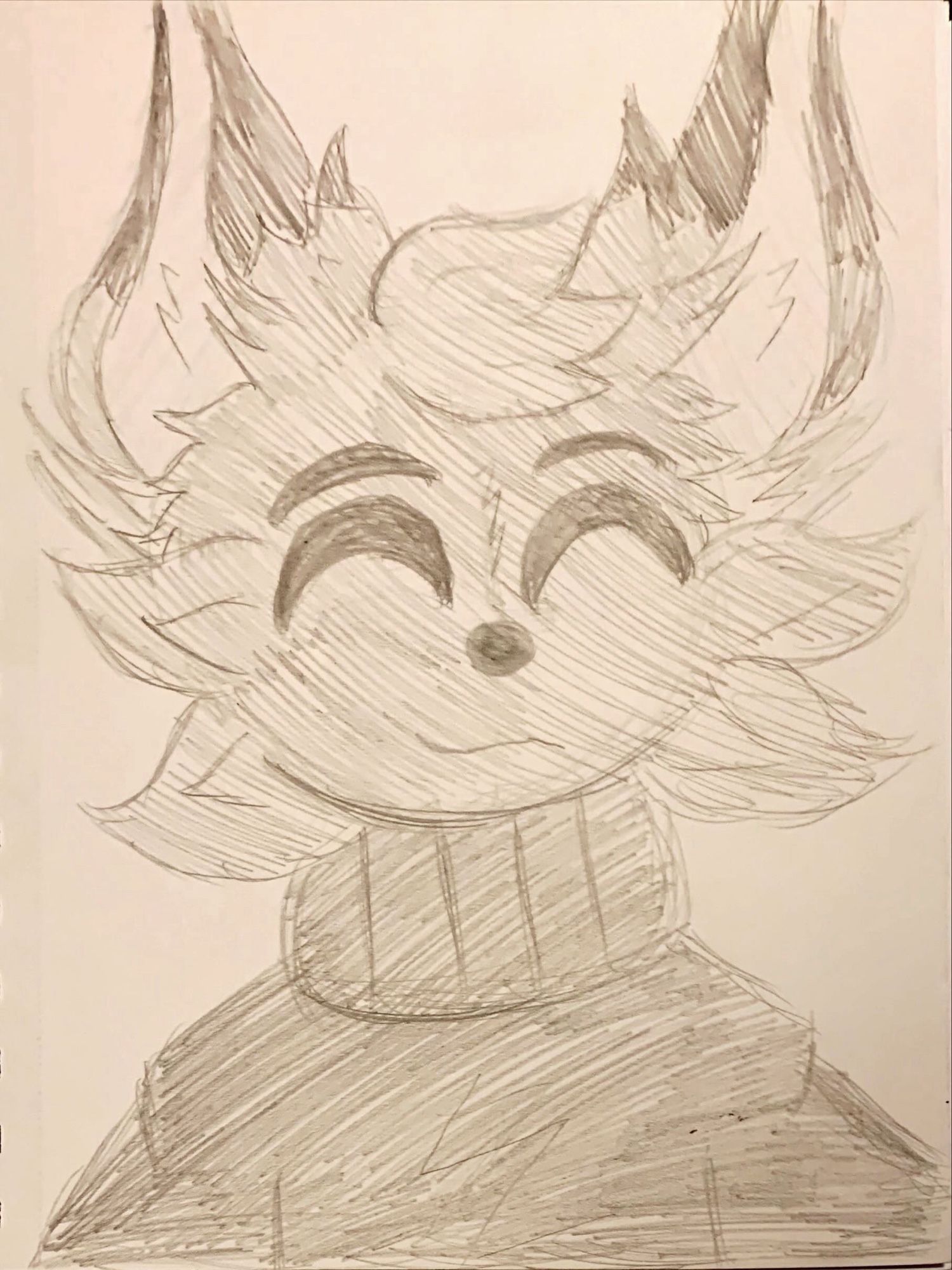 A soft pencil sketch of Rust (an anthro rabbit) wearing a sweater. His eyes are shut and he is smiling.