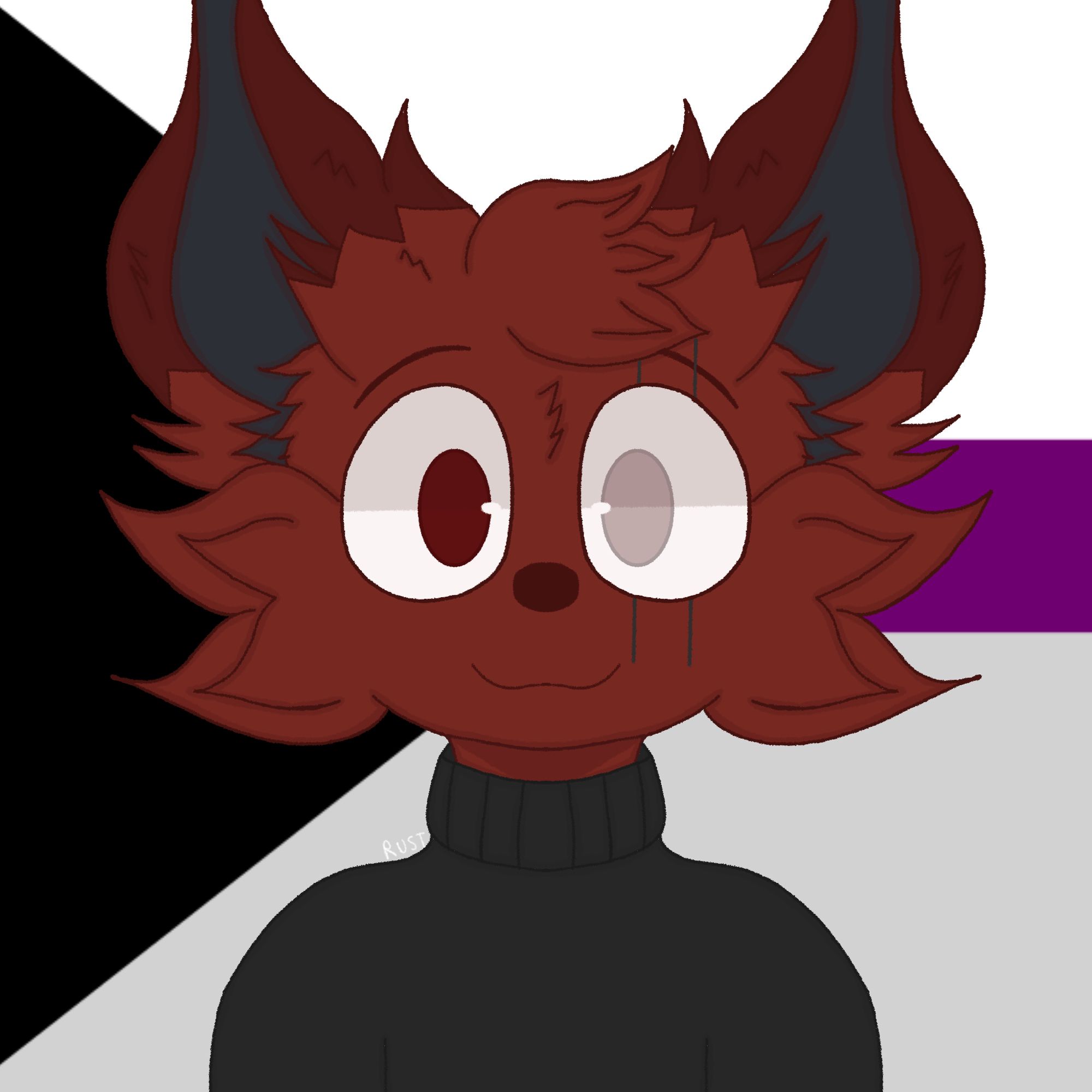 A headshot of a red anthropomorphic rabbit, his left eye is red, while his right eye is light grey with a light red tint. He has two blue scars on his right eye.

He is wearing a dark grey sweater.

The background is the demisexual flag