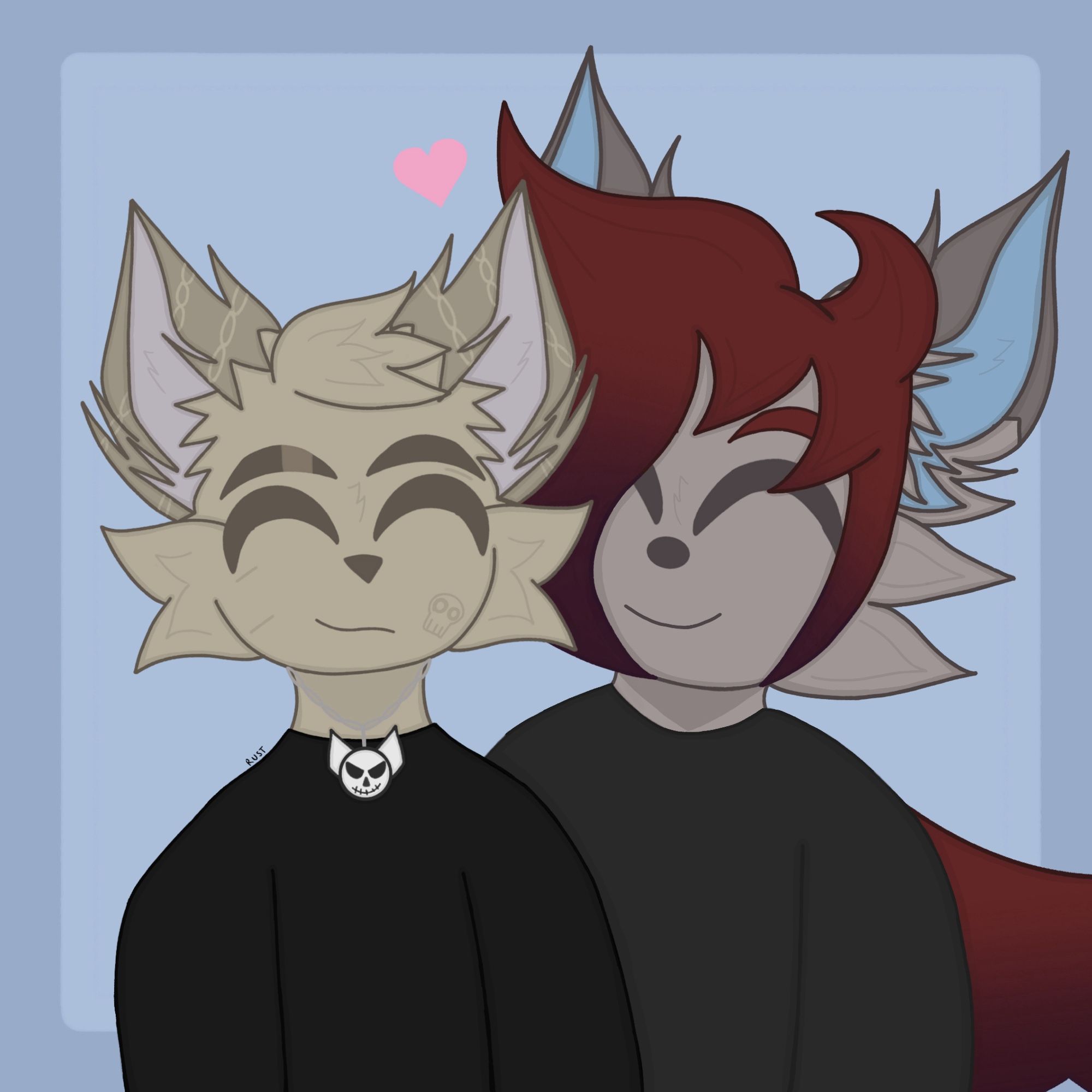 My characters Eden (a blond-greyish cat, wearing a black shirt with a cat skull necklace) and Myskia (A grey coyote-bat hybrid with red hair and red wings wearing a grey shirt) are standing next to each other smiling.