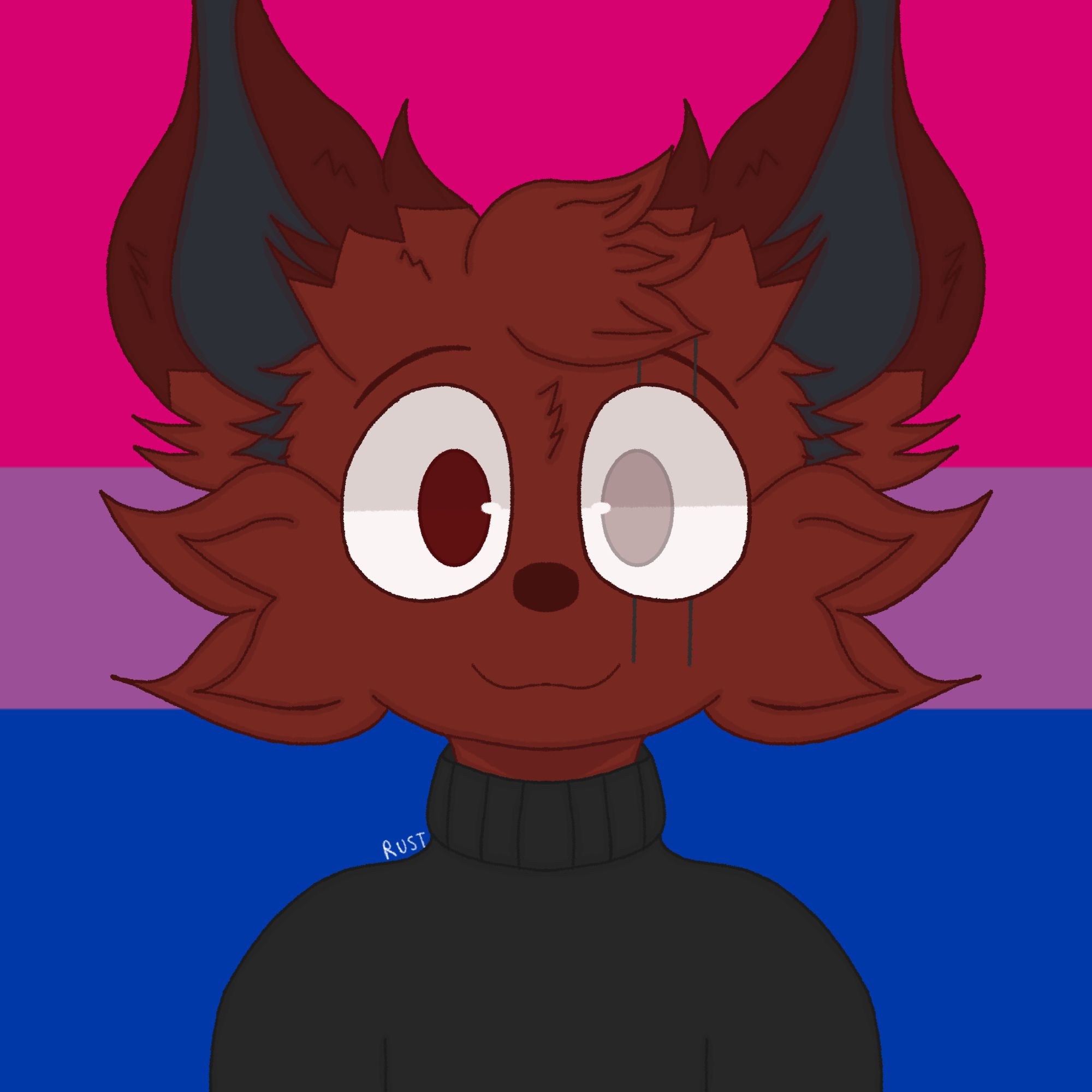 A headshot of a red anthropomorphic rabbit, his left eye is red, while his right eye is light grey with a light red tint. He has two blue scars on his right eye.

He is wearing a dark grey sweater.

The background is the bisexual flag