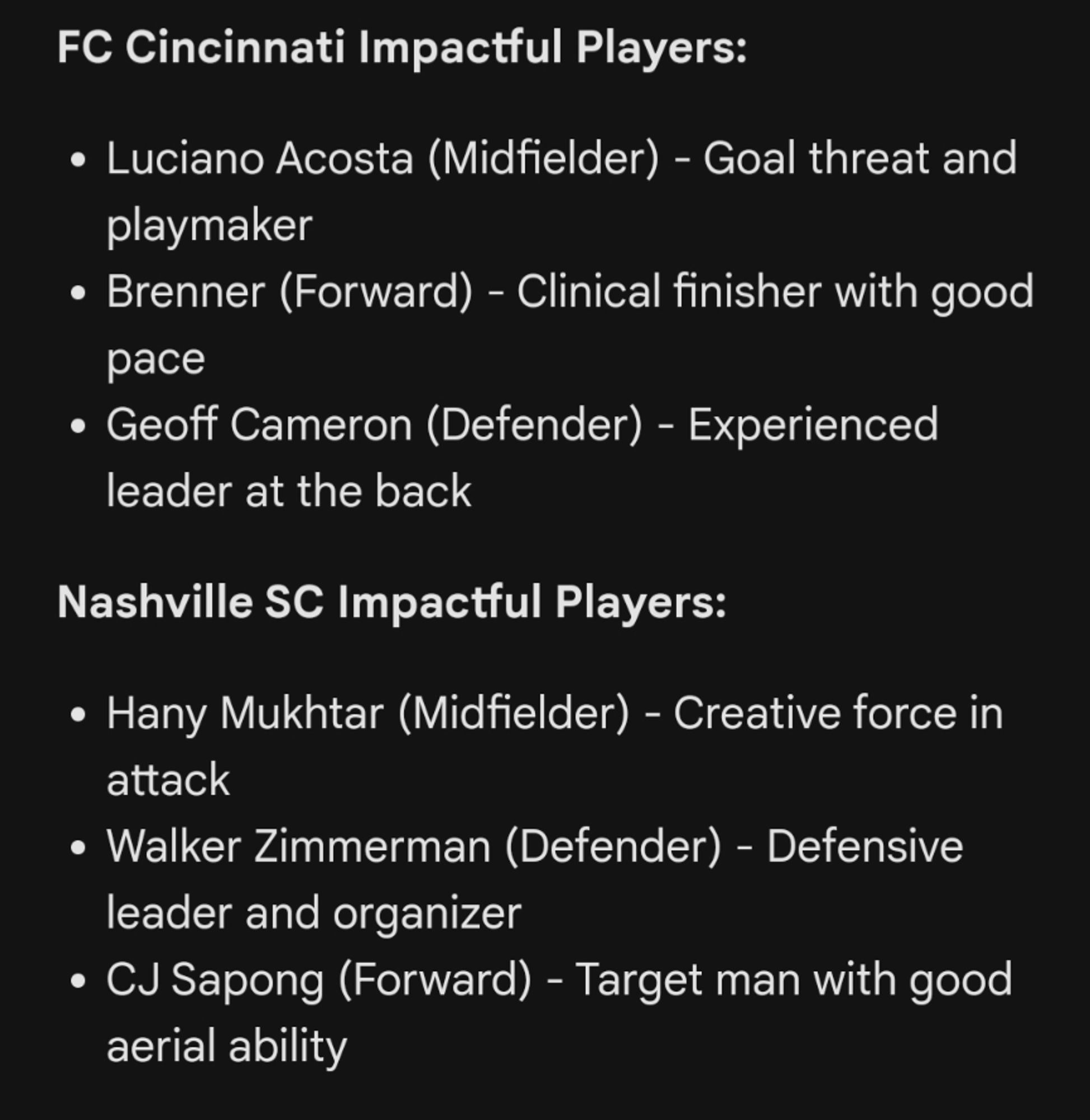 Gemini gives a breakdown of Impact Players for FC Cincinnati vs Nashville SC.  At least by FCC reporting they are still in 2023