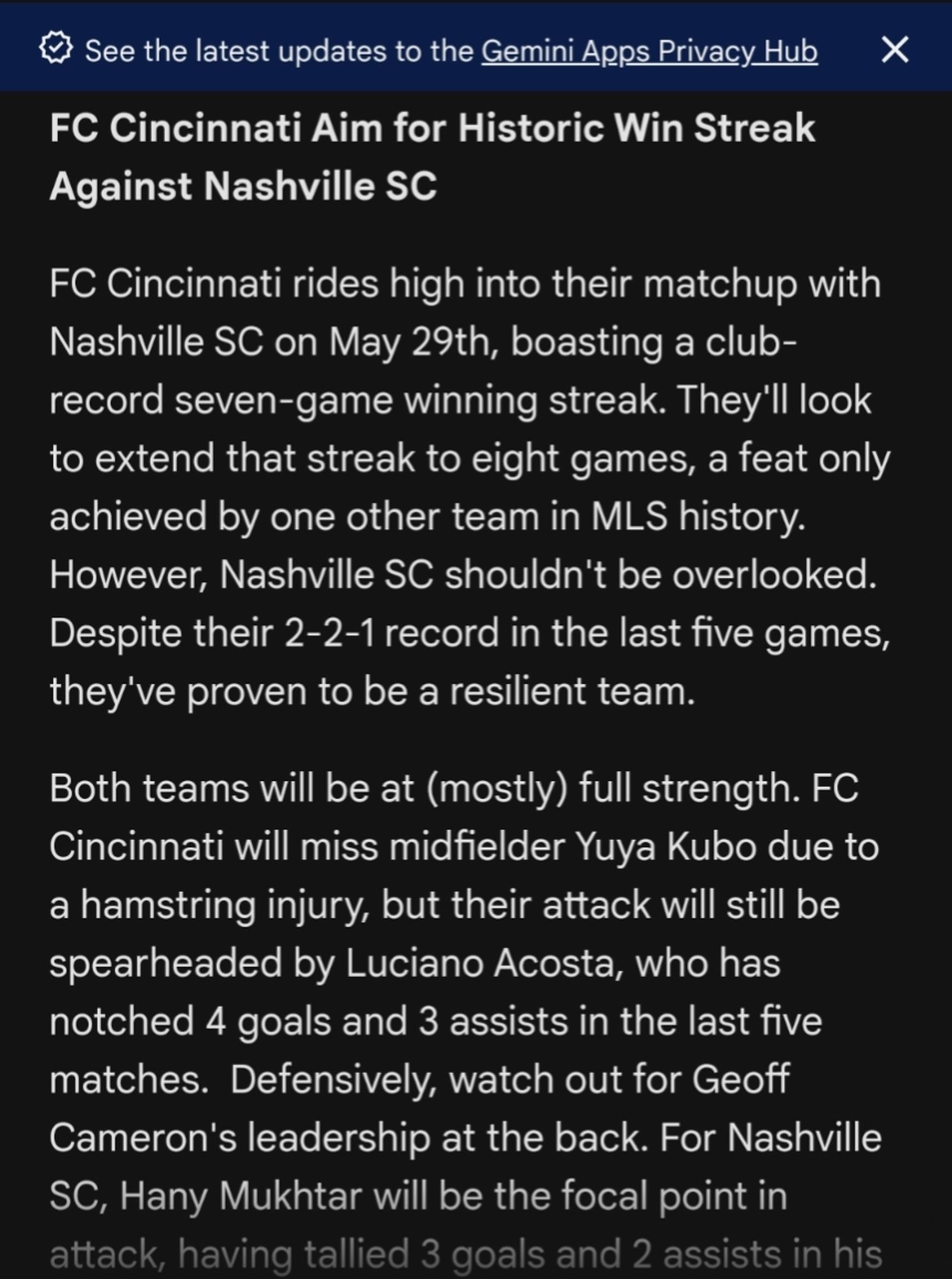 Gemini gives a breakdown of FC Cincinnati vs Nashville SC.  Initially a good report that devolved into details of players from last season