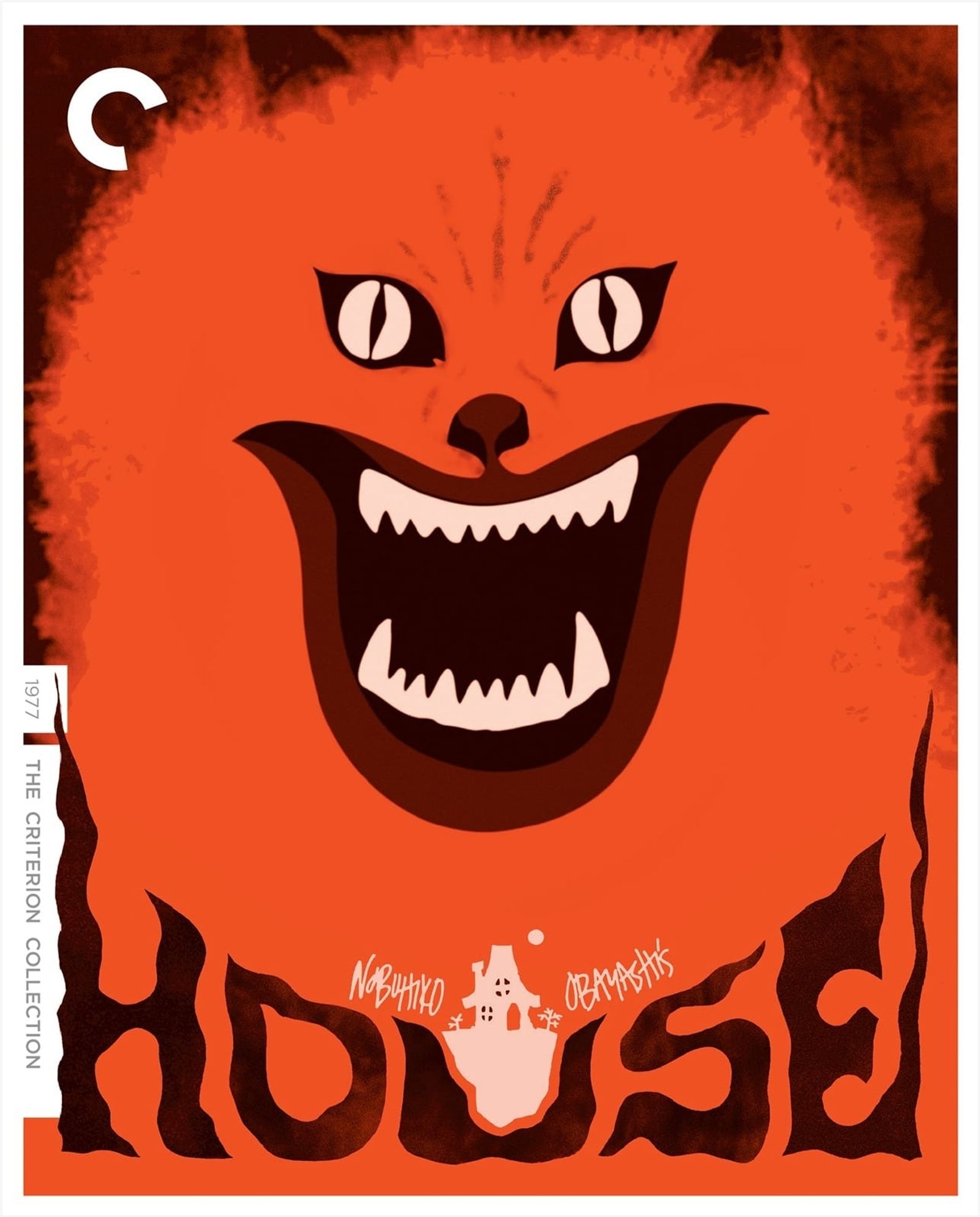 Movie poster art for Nobuhiko Obayashi's movie House (1977).

The image is a large cartoon cat face that nearly fills the entire image.  The bottom text reads "House" in spectral lettering.  The "U" which sits bottom center has a little white house centered inside of the "U"