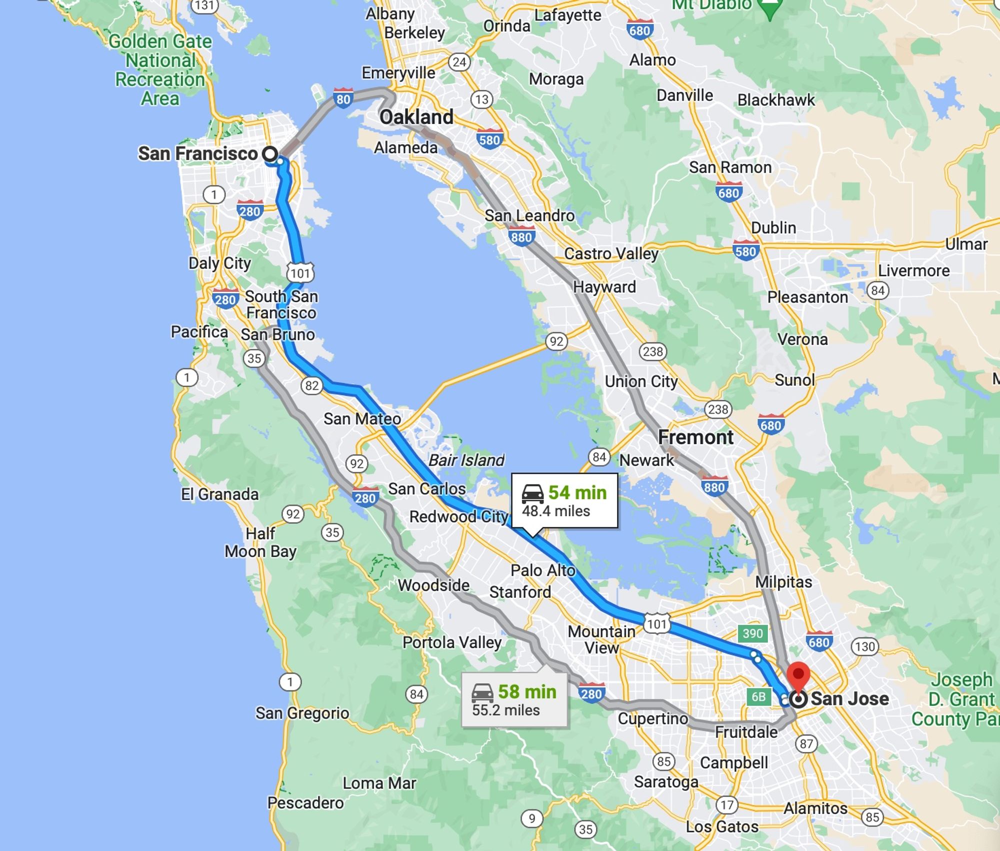 Map showing Bay Area and route from San Francisco to San Jose - 48.4 miles.