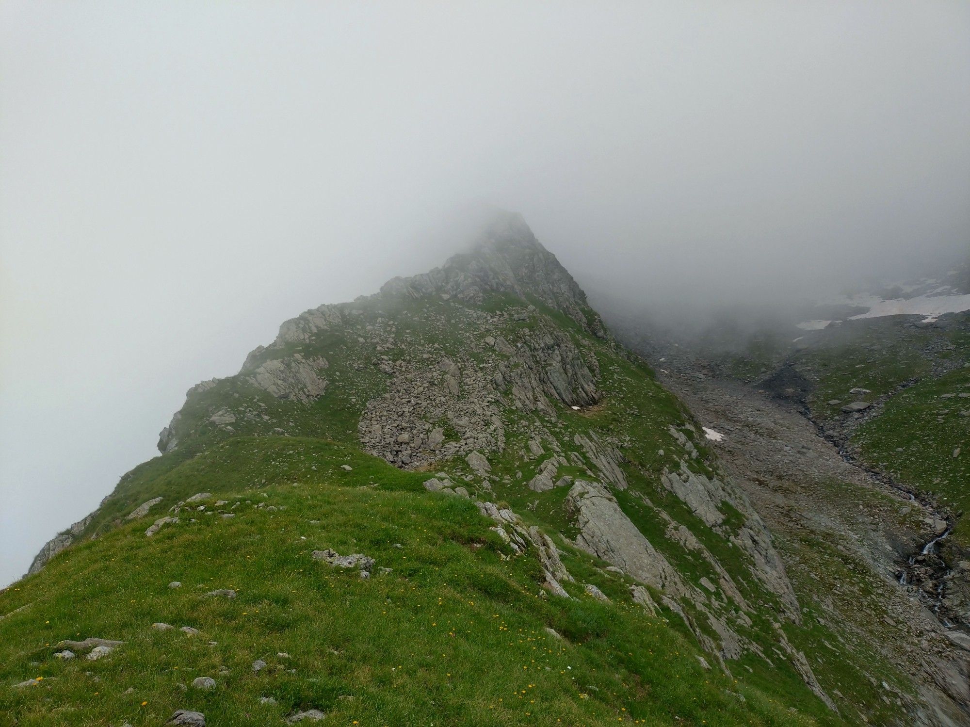 A foggy mountain ridge as ascent to a alpine sampling point.