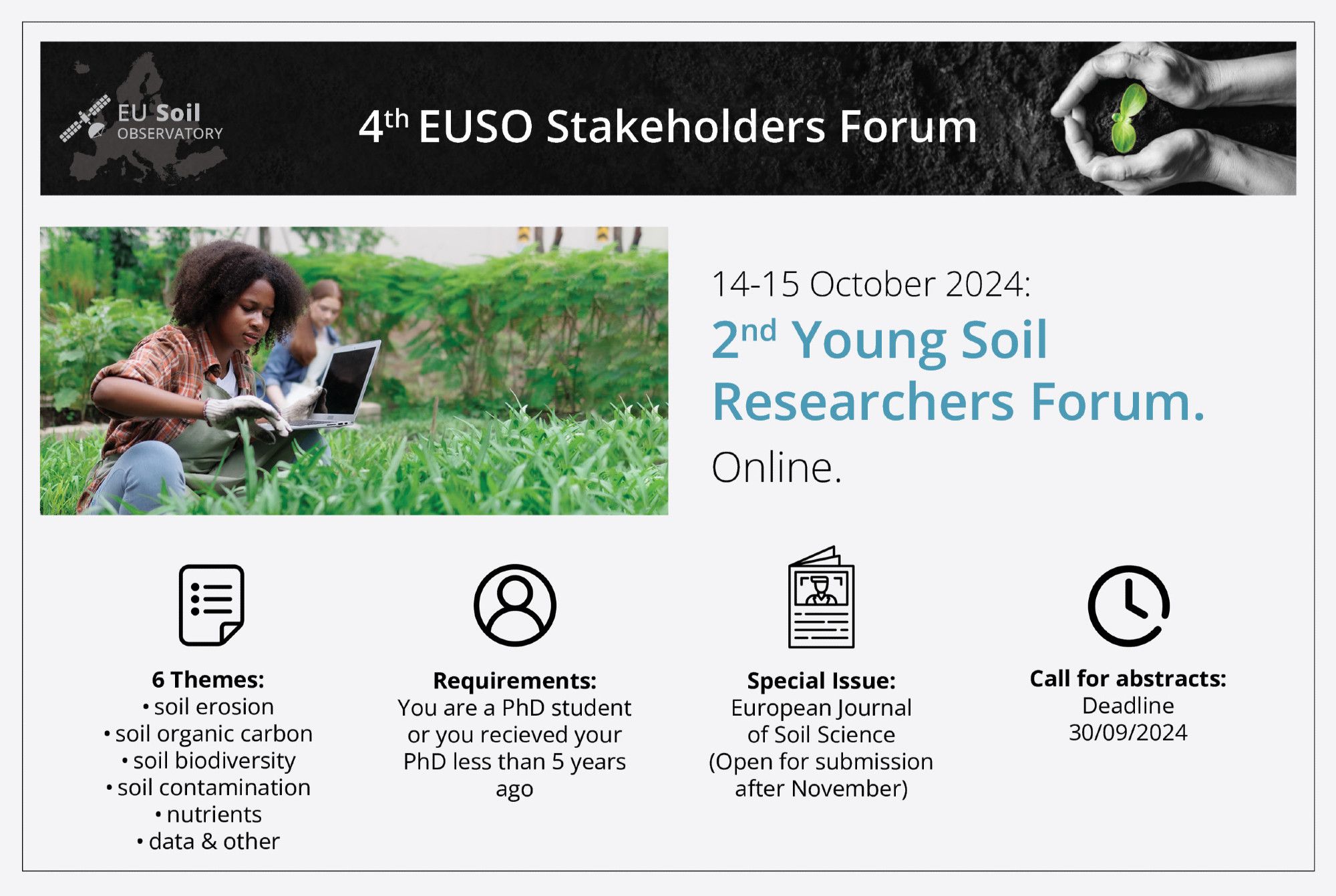 Flyer with all the information on the 2nd Young Soil Researcher Forum at the 4th EU soil Observatory Stakeholder Forum.