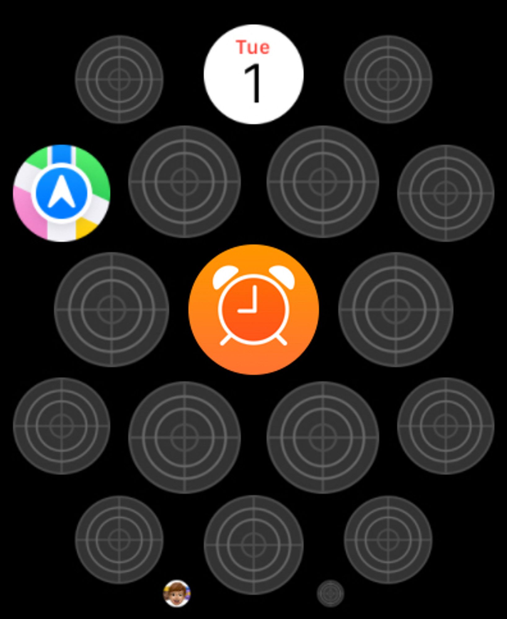 Screenshot of the Apple Watch app screen. The icons for the calendar, maps and alarms and memoji apps are all showing but the rest are just greyed-out circles with a target design in lighter grey on top.