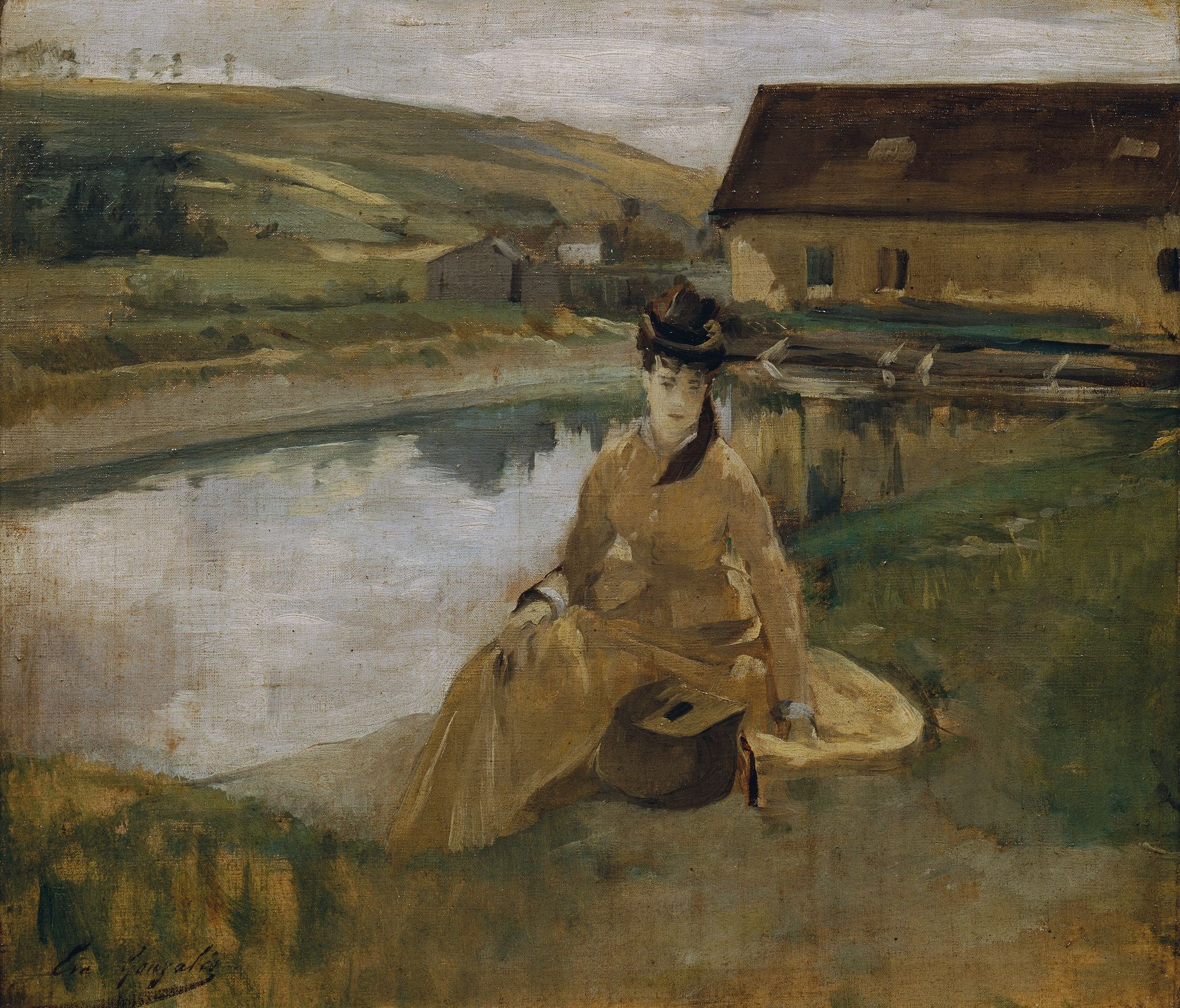 This is an oil painting in shades of light yellow brown showing a young white woman with dark hair sitting near what appears to be a manmade pond.