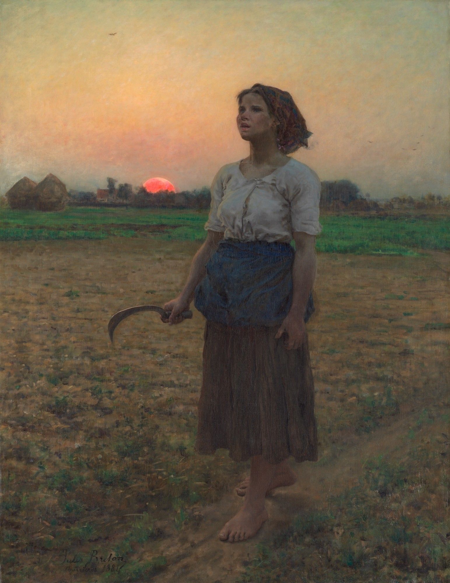 Oil painting of a young white woman or teenage girl barefoot in a farm field at sunrise.  The lark in the painting's title is not in the painting, rather the art shows the young woman listening to it.  The woman is not well lit since it is only sunrise.  She is wearing peasant clothing including a white buttoned blouse with rolled up sleeves, a brown calf length skirt, and a blue wrap around her waist.  She is holding a sickle in her right hand with the blade pointing downward.  The land is flat and only a few trees are seen behind her in the distance.  Her back is to the sunrise.  In contrast to the dark muted pre-dawn colors that dominate the work, the half risen sun is in molten oranges, pinks, and yellows.