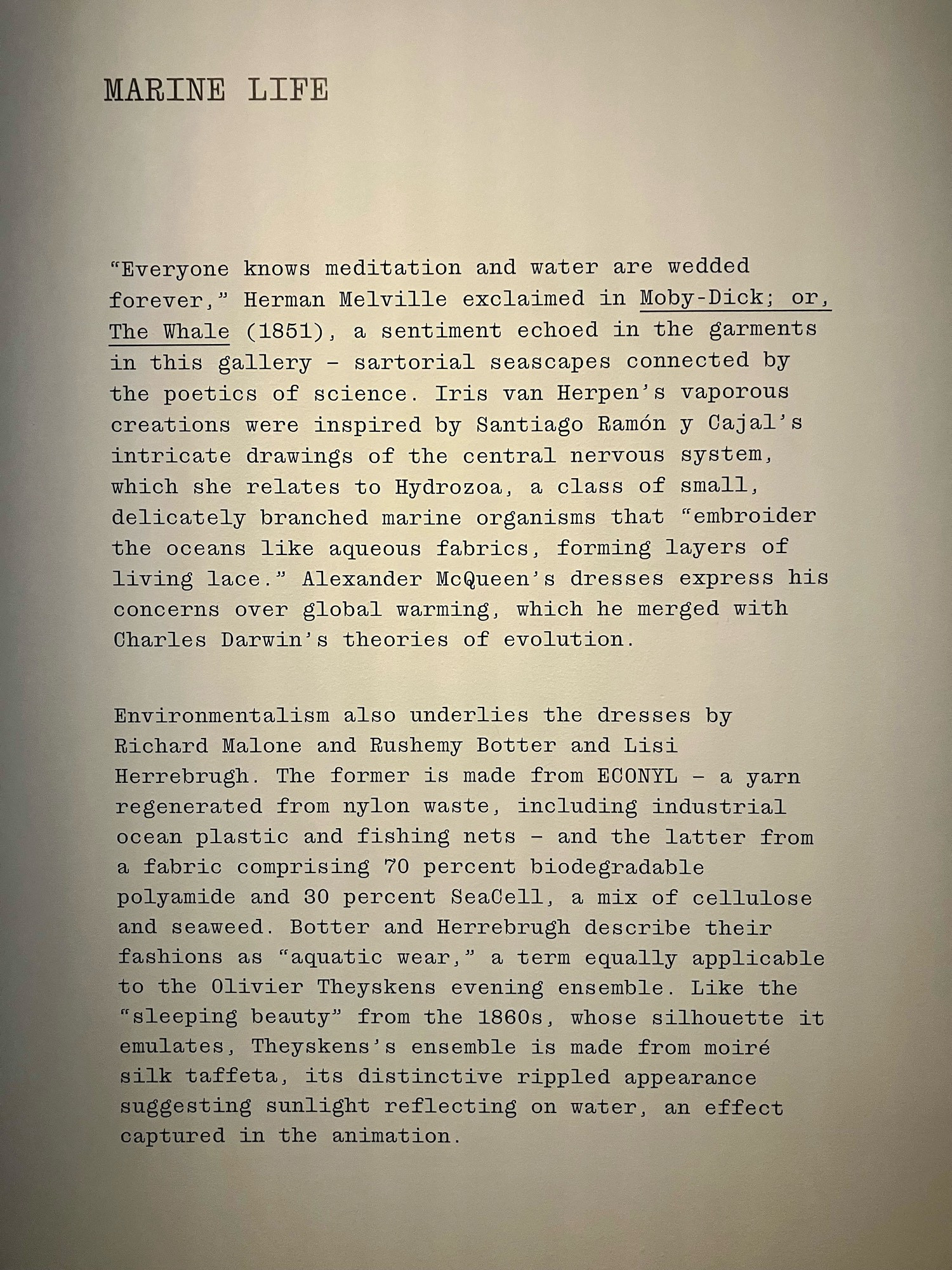 Label from the Metropolitan Museum’s Sleeping Beauties exhibition. The text begins  “‘Everyone knows meditation and water are wedded forever,’ Herman Melville exclaimed in Moby-Dick; or, The Whale (1851), a sentiment echoed in the garments in this gallery.”