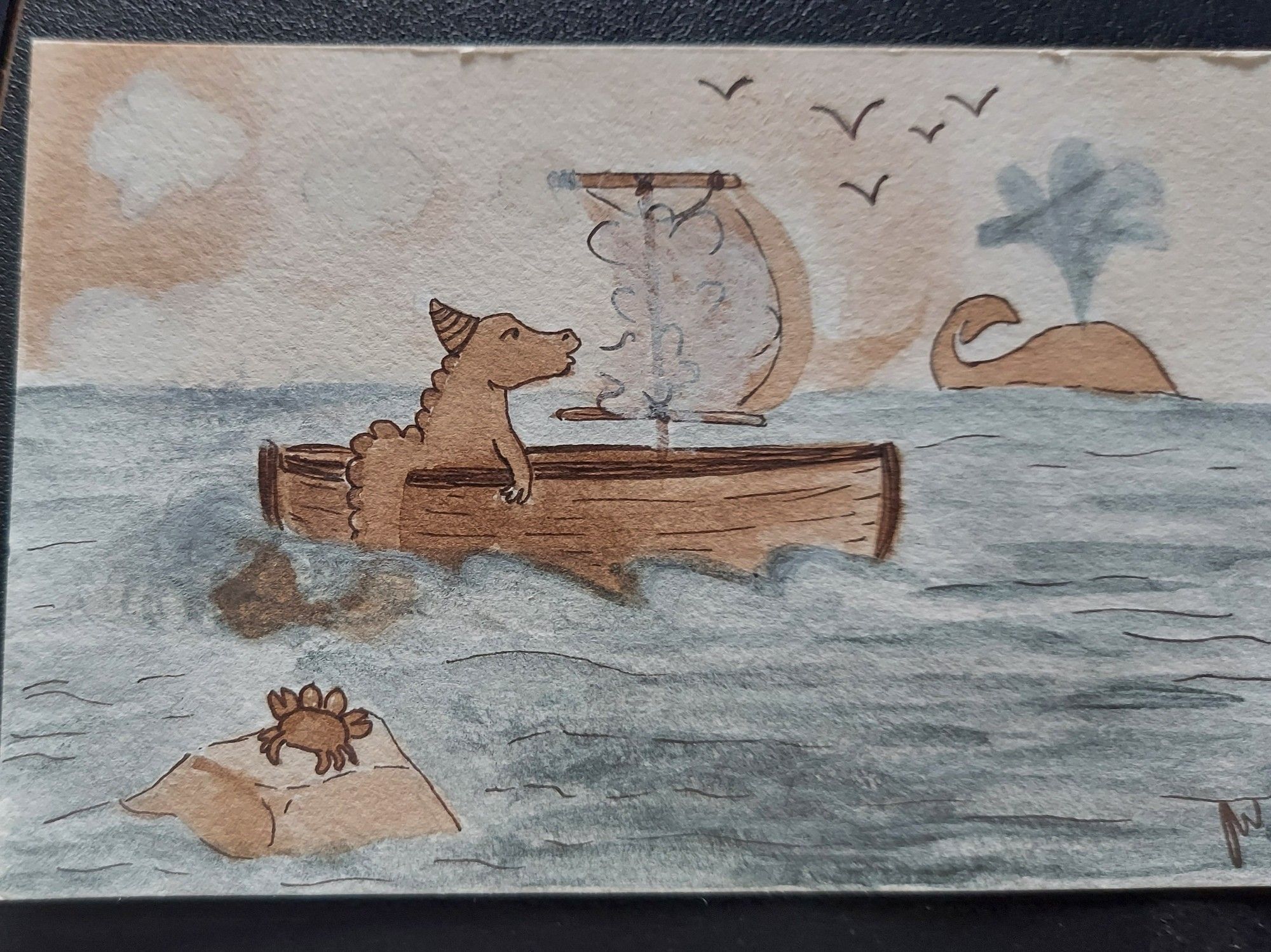 A small dragon is sitting in a wooden boat. He is using his breath to fill the sail and move the boat across the ocean. In the bottom left corner, a crab is sitting on a rock, and a whale is breaching the waters surface in the top right corner.