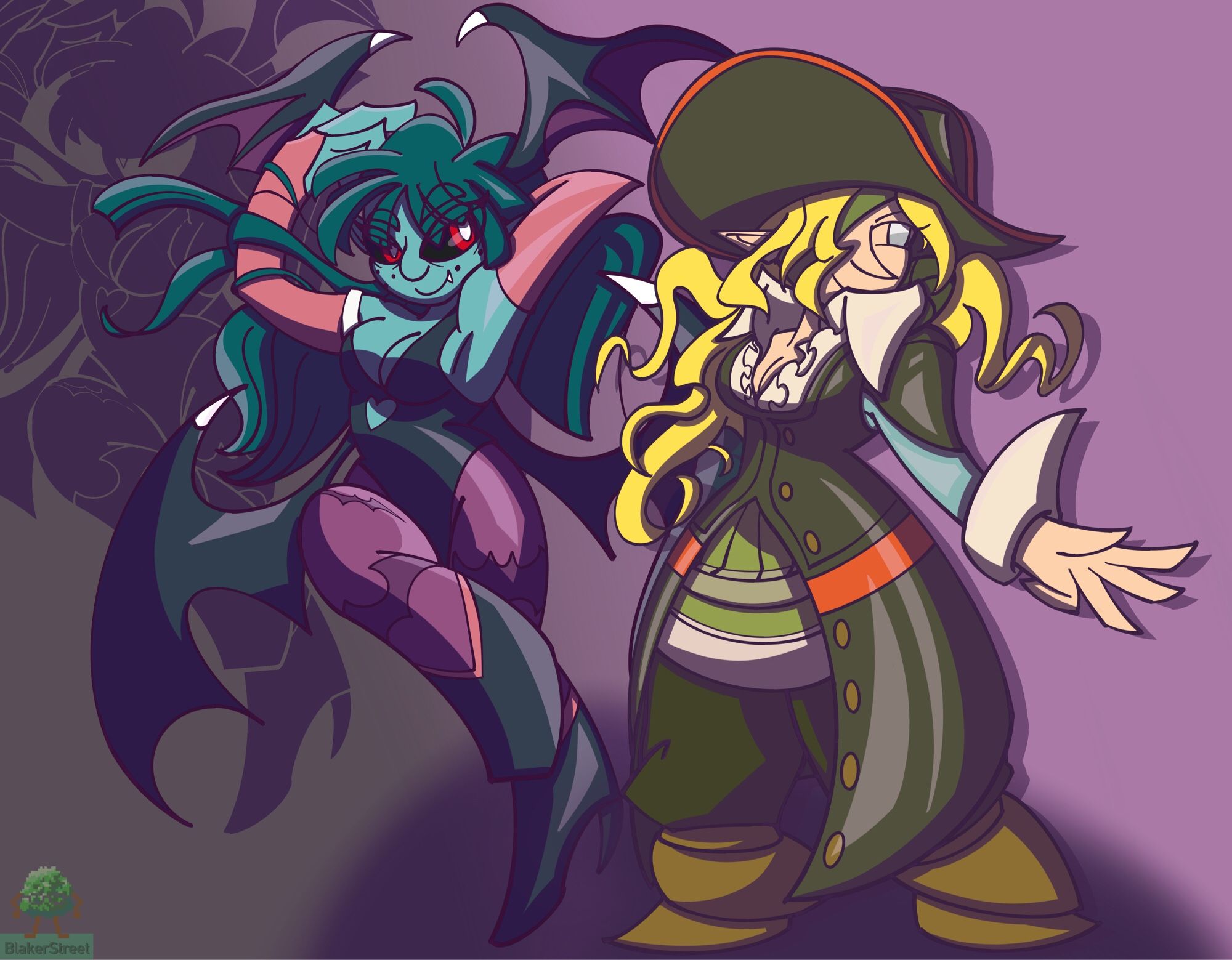 Juno is dressed up as Ruby Heart, a pirate with a long tailcoat, a big hat, and one eye covered up. She’s posed with Sol dressed up as Morrigan, a succubus with bat theming.