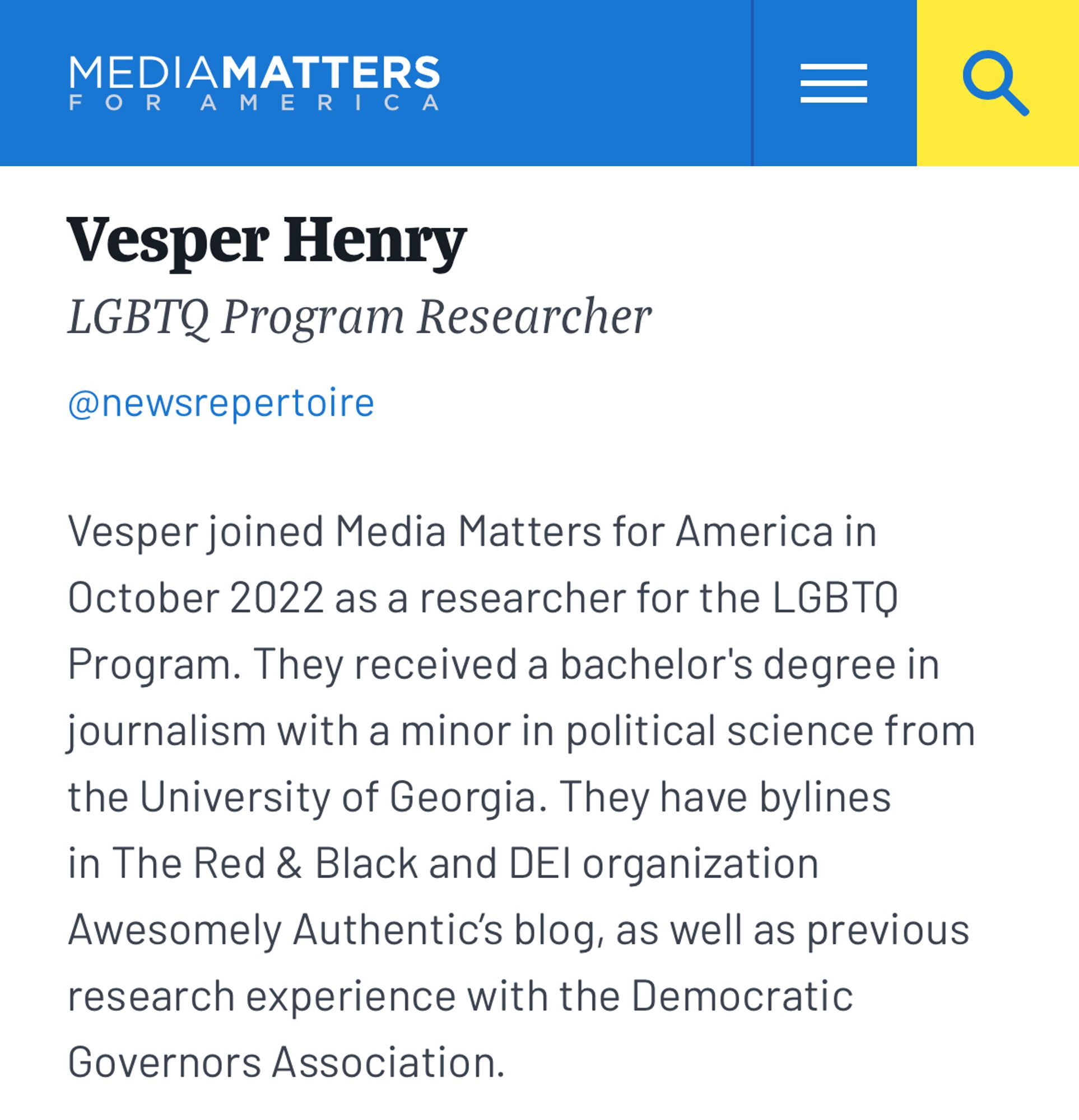 A screenshot of my author page on the Media Matters website, which details I joined the LGBTQ research program in October 2022.