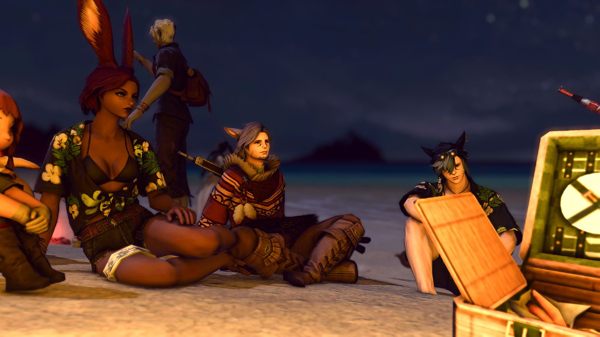 A lalafel, viera, two miqote and an elezen in the background sitting around a lunchbox and a campfire at a beach party