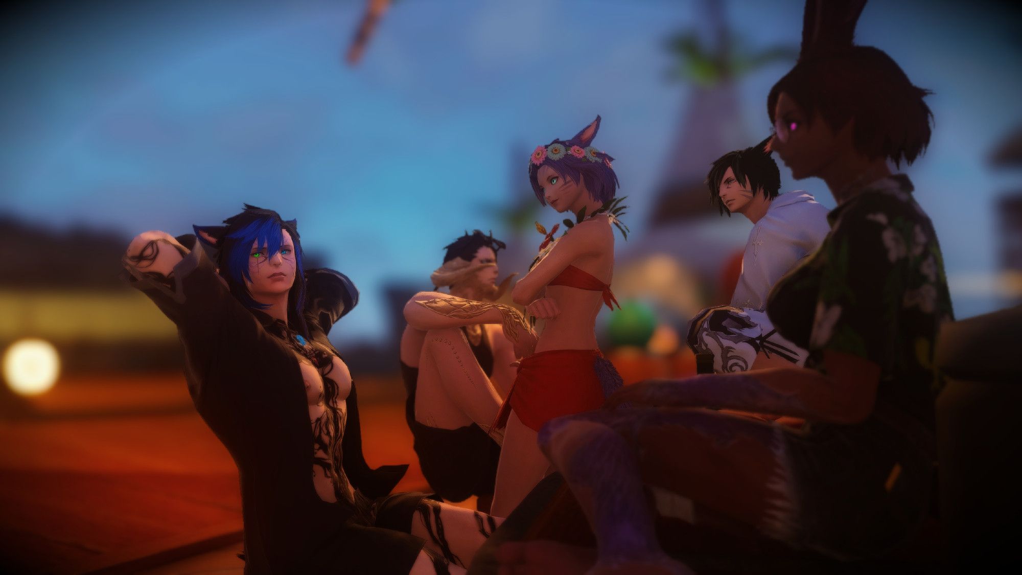 A group of FFXIV characters sitting around at a table