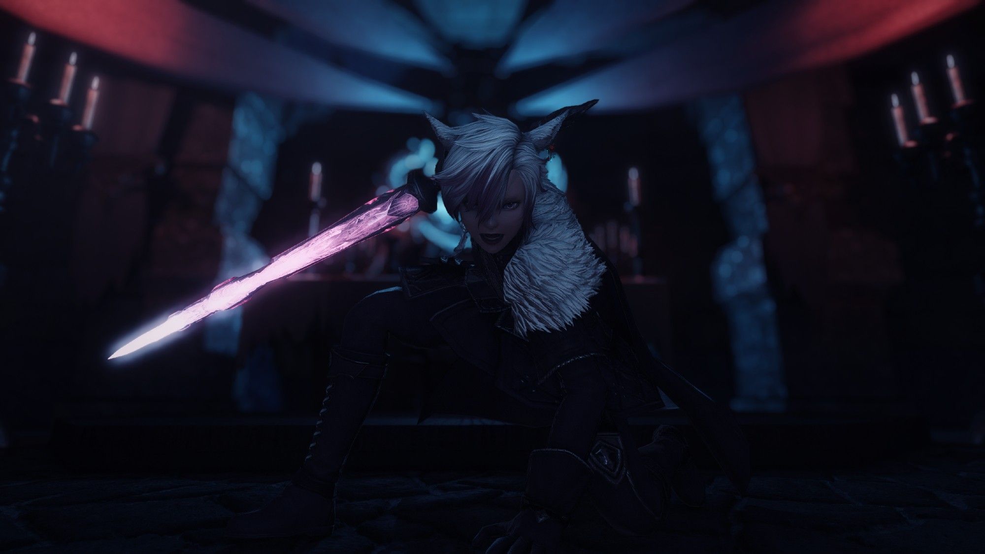 A female miqote dark knight, kneeling down with a blade at her side, ready to defend herself