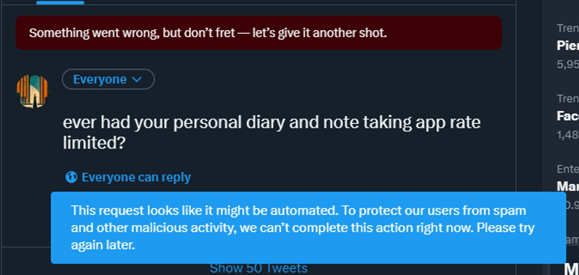 an attempt at tweeting "ever had your personal diary and note taking app rate limited?" with various error messages displayed