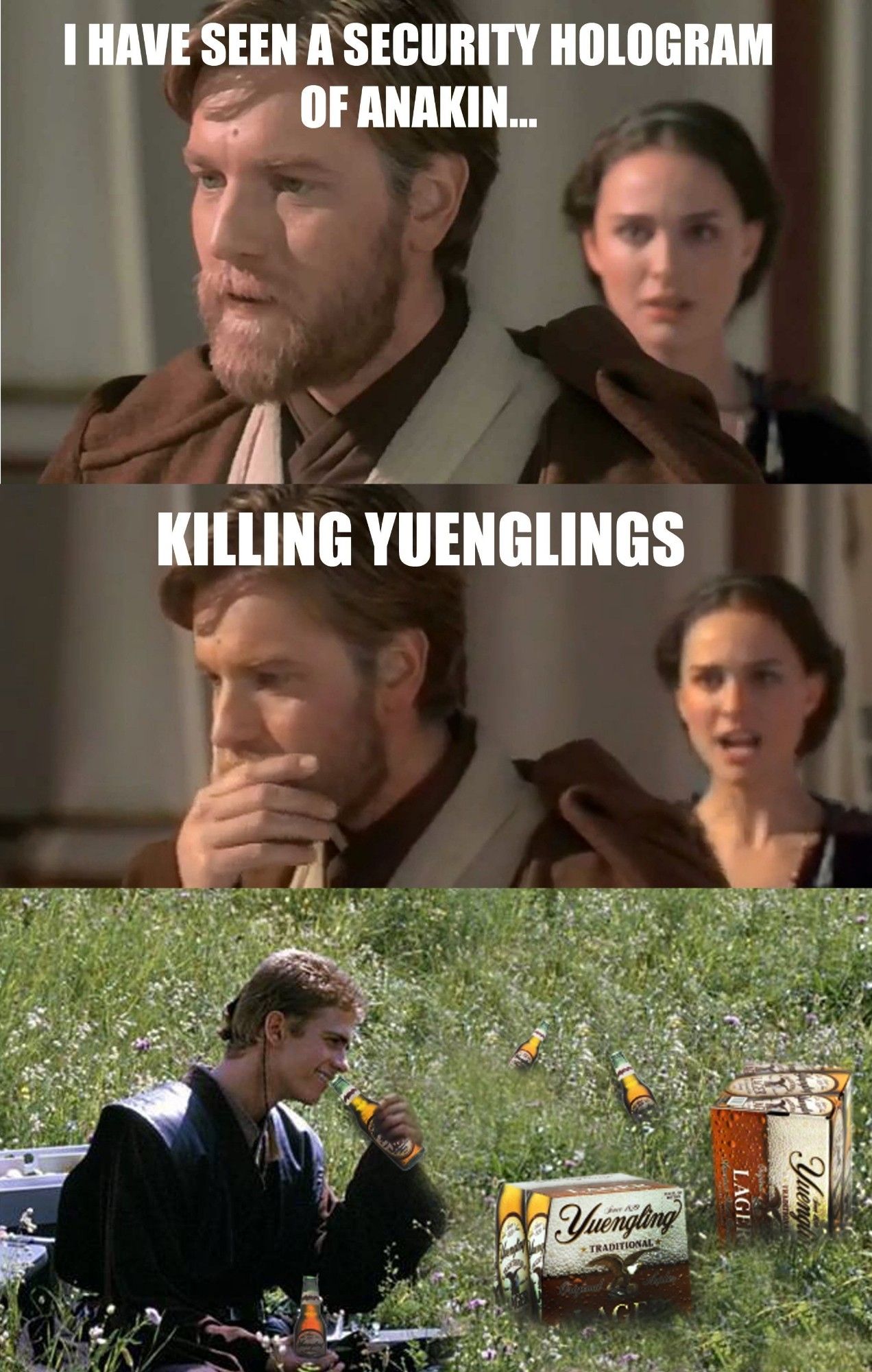 Anakin was killing yeunglings// anakin drinking a bunch of yeunglings in a meadow