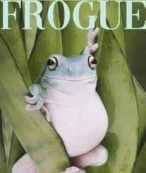 Frogue - a frog in model pose amongst leaves on the pretend cover of Frogue magazine