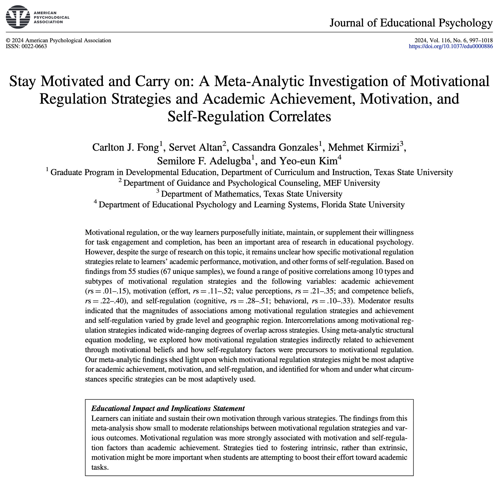 Screenshot of title page of an article published in the Journal of Educational Psychology titled: "Stay Motivated and Carry on: A Meta-Analytic Investigation of Motivational Regulation Strategies and Academic Achievement, Motivation, and Self-Regulation Correlates."