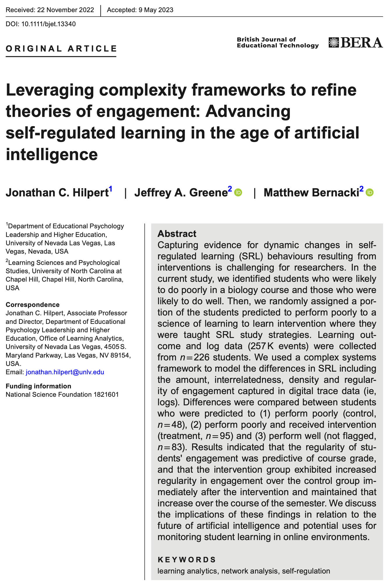 Screenshot of article published in the British Journal of Educational Technology titled: "Leveraging complexity frameworks to refine theories of engagement: Advancing self- regulated learning in the age of artificial intelligence."