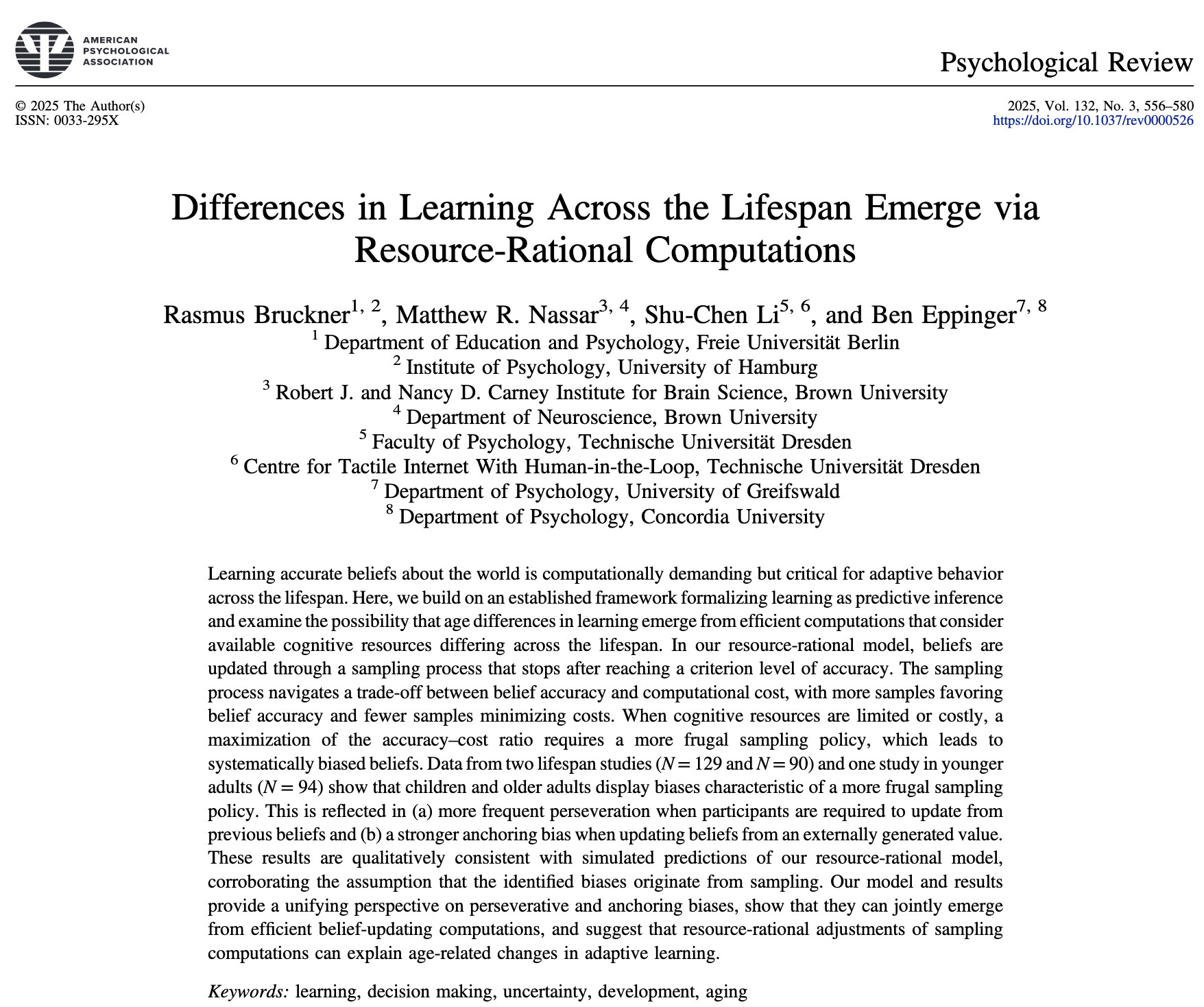 Screenshot of title page of an article published in Psychological Review titled "Differences in Learning Across the Lifespan Emerge via Resource-Rational Computations."