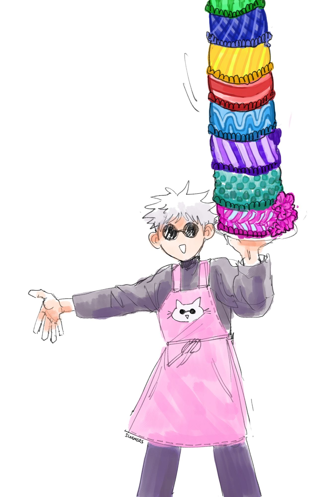 color drawing of gojo holding a multi-tiered cake that extends past the top of the image, implying it could be anywhere from 5 to 500 meters tall