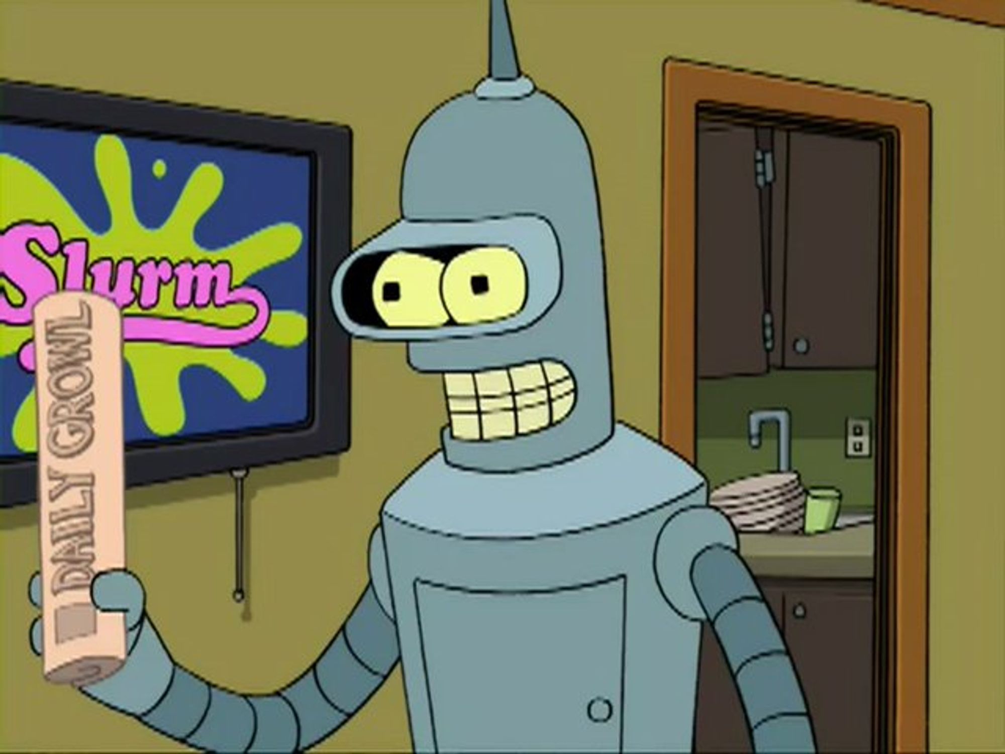 Picture of Futurama's Bender with a dog toy newspaper called The Daily Growl.