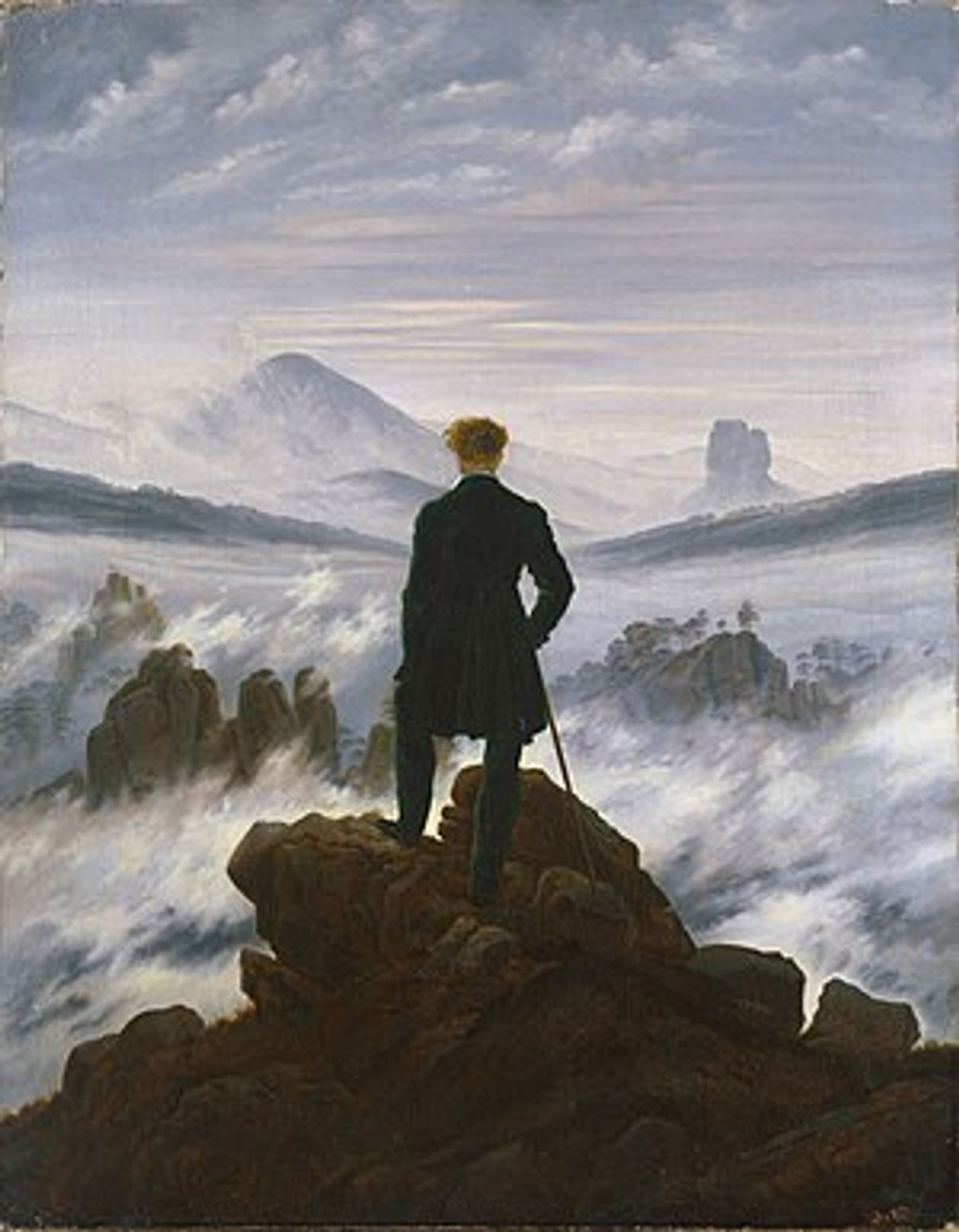 Wanderer above the Sea of Fog painting by Caspar David Friedrich: a man standing upon a rocky precipice with his back to the viewer; he is gazing out on a landscape covered in a thick sea of fog through which other ridges, trees, and mountains pierce, which stretches out into the distance indefinitely. (Description from Wikipedia)