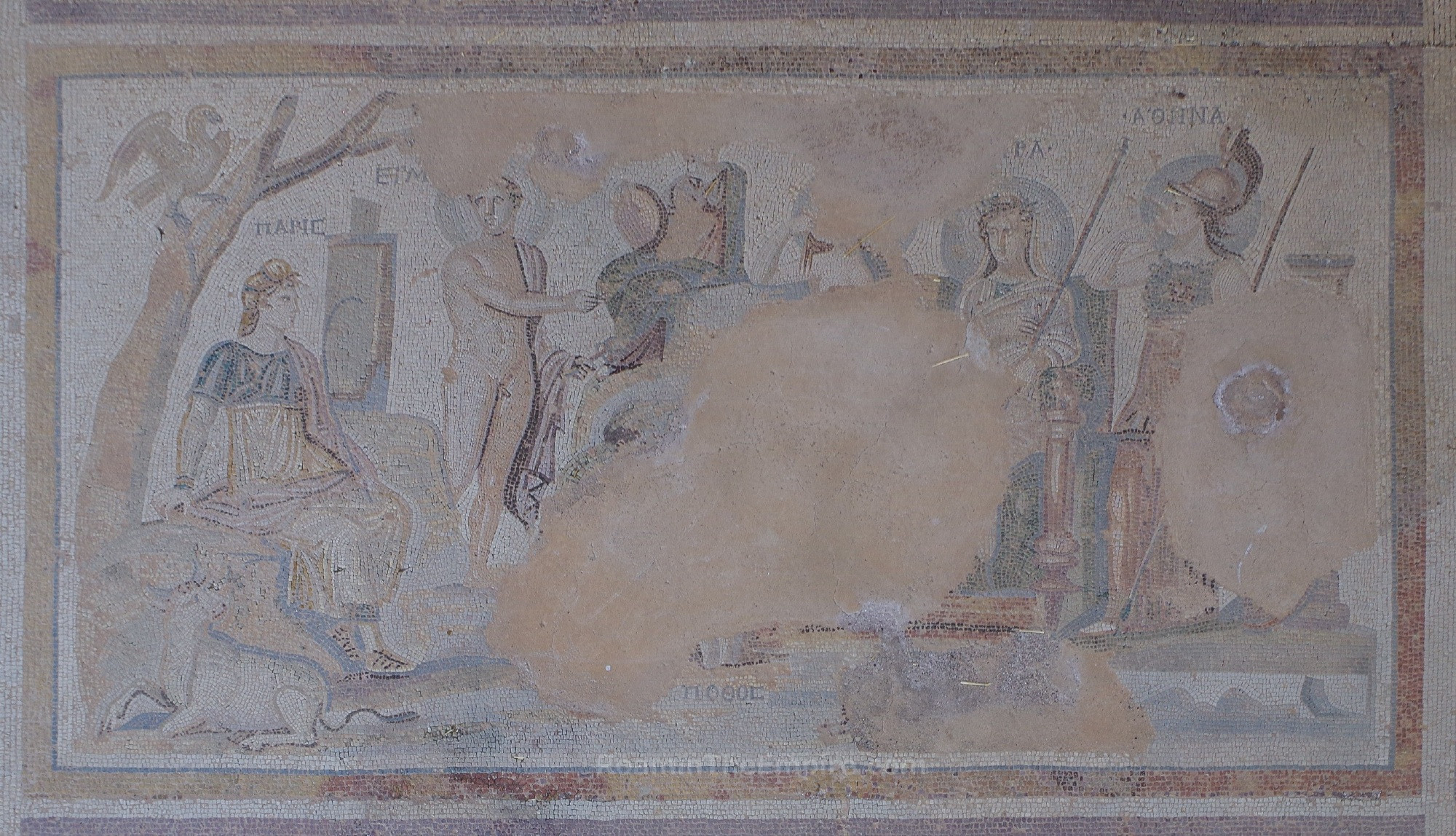 The goddess of discord, Eris, having not been invited to the wedding of Peleus and Thetis, creates chaos by bringing a golden apple inscribed with a notation that it belongs to the fairest one. Aphrodite, Hera, and Athena all believe that they are the fairest and claim ownership. After Zeus wisely declined to judge the fairest of the three and rightful owner of the apple, the Trojan prince Paris is chosen to make the determination. Paris sits beneath a tree with an eagle representing Zeus on the left of the scene. Hermes stands next to him, having brought the goddesses to Paris for his arbitration. Aphrodite stands first, but is mostly missing due to the damage to the mosaic. Hera is seated at the center of the goddesses and Athena stands at the right side. 
