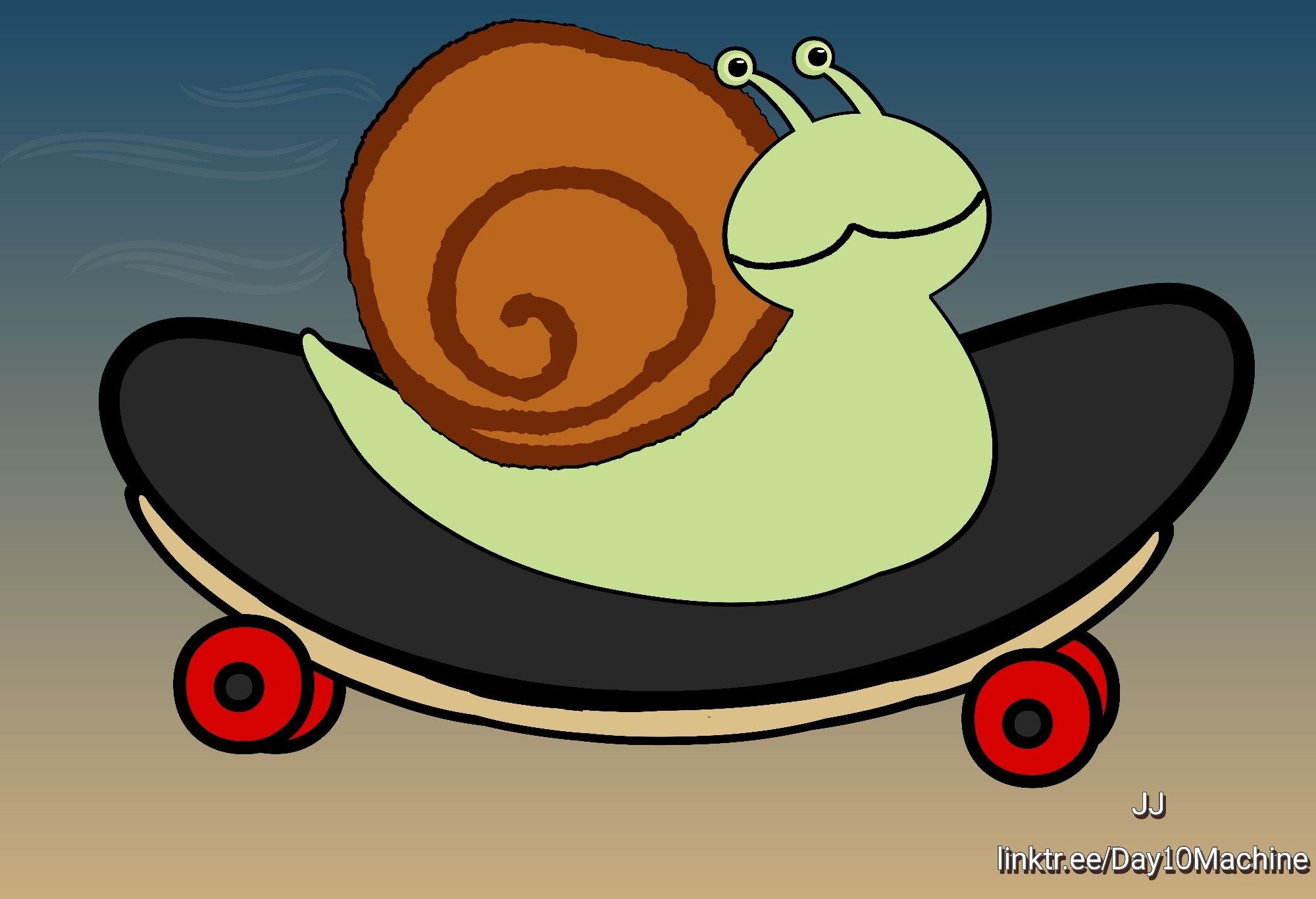 Digital Illustration 
A snail on a skateboard. Their eye tentacles are flung back and they have wavy lines behind them because they are going so fast