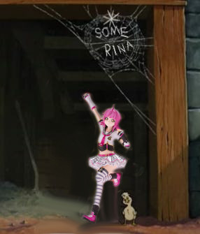 The new Tennoji Rina figure from PLUM without her mask, posing under a web where a helpful spider has written "Some Rina" in an effort to prevent her from being sold for pork. There's a duckling, too.