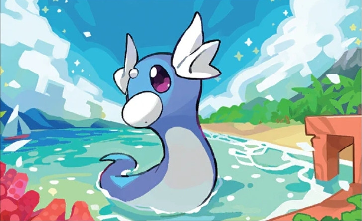 Pokemon TCG art of Dratini on a beach.