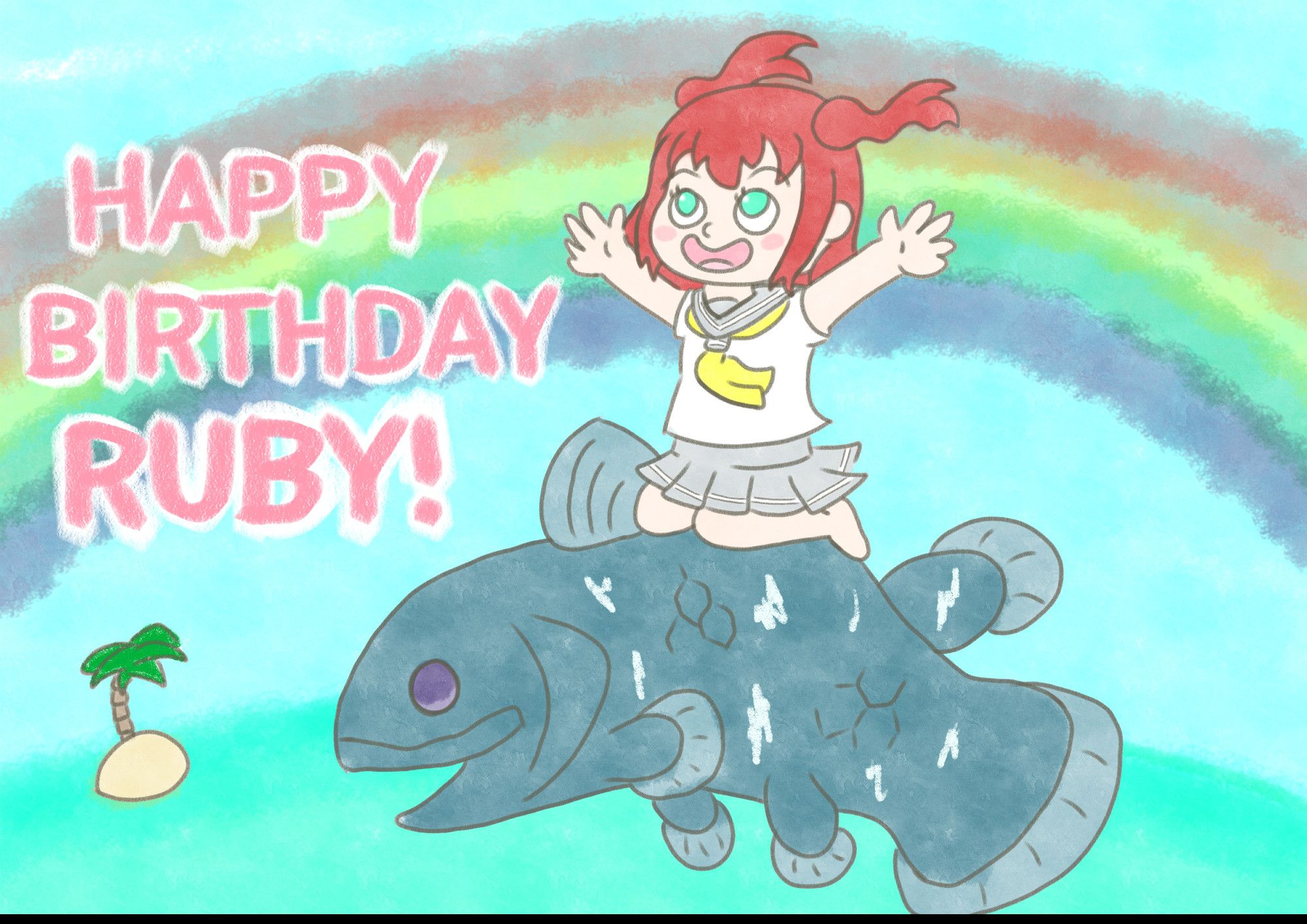 Our Birthday Girl Ruby Kurosawa flying through the air on a jumping coelacanth.