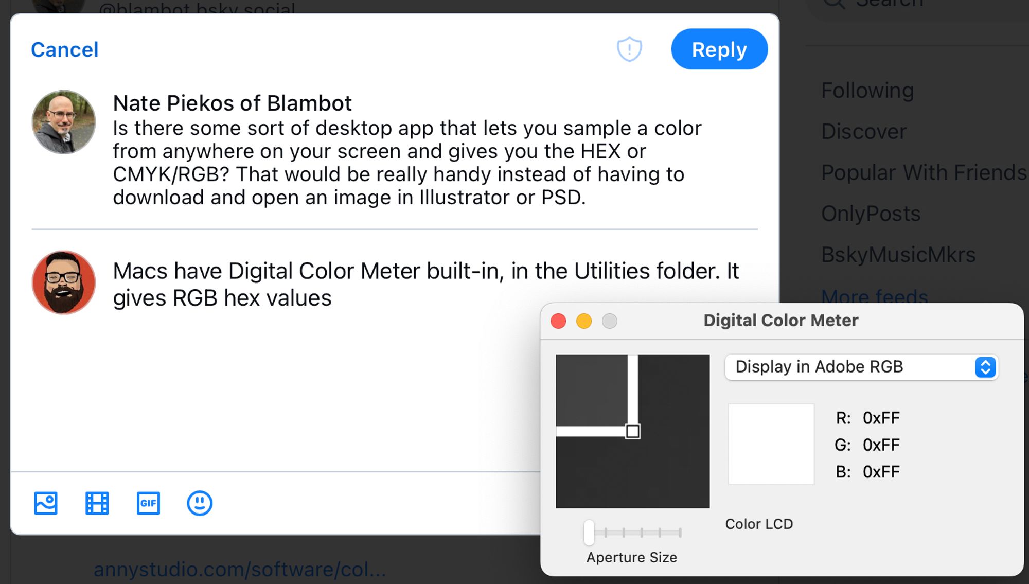 screenshot showing the post and reply along with the Digital Color Meter window, with "display in Adobe RGB" selected, and a white pixel highlighted with R: 0xFF, G: 0xFF, B: 0xFF