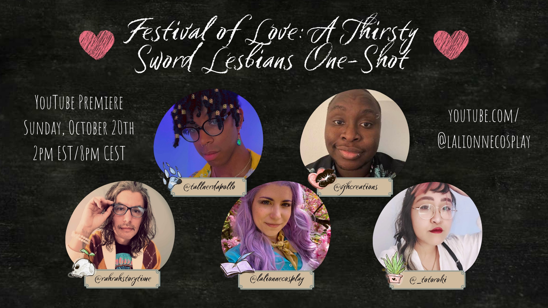 Promo graphic for the Thirsty Sword Lesbians one-shot, chalkboard style graphics.