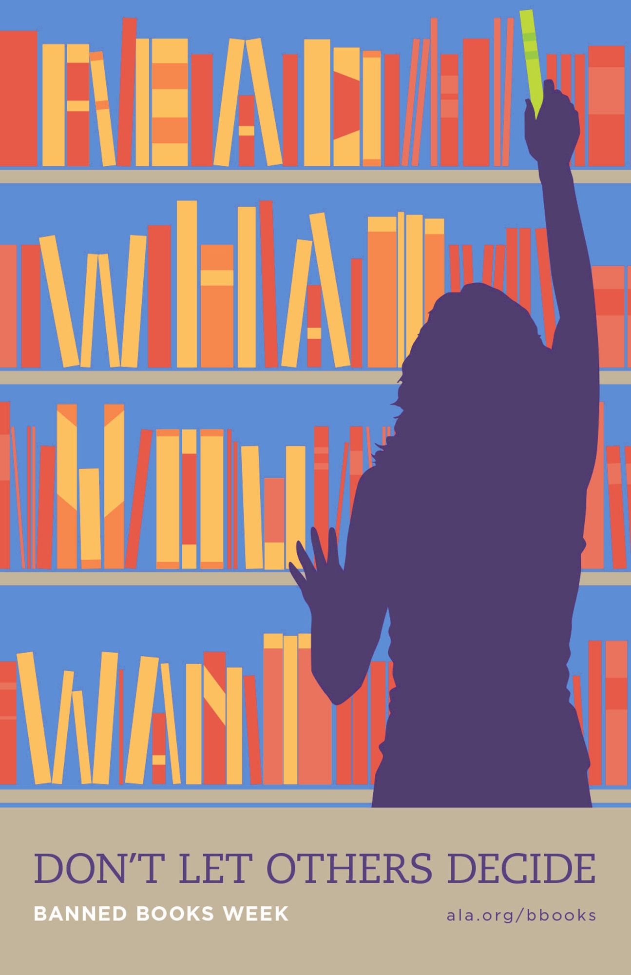 A figure reaches up to grab a book from a shelf. The spines of other books on the shelves spell out "Read what you want." An unused poster concept designed and illustrated by Gearóid Burke.