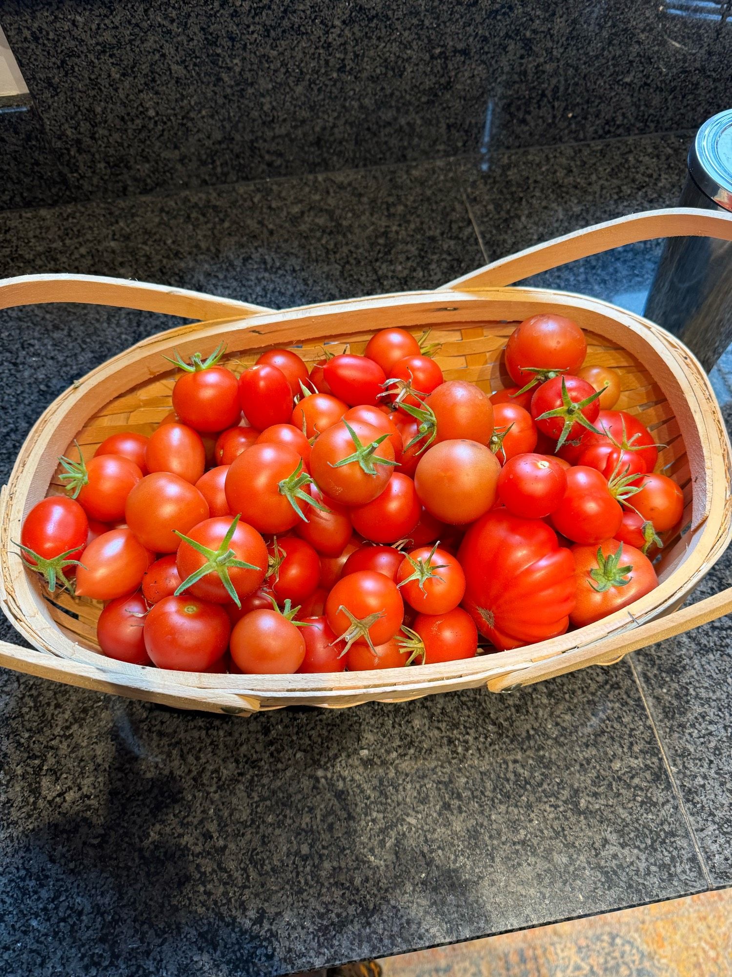 A large basket full of ripe homegrown tomatoes.