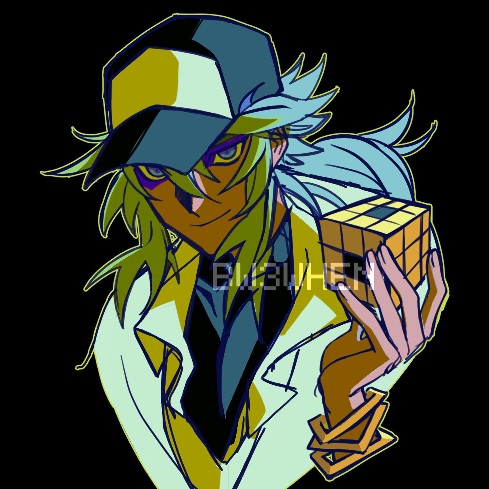 A digitally-sketched bust of N Harmonia holding his puzzle cube accessory up in his left (or the viewer's right) hand. He wears his signature black and white cap, white collared shirt, and black turtleneck. A dark shadow is drawn over his eyes, making his slight smile come off as intimidating or threatening.