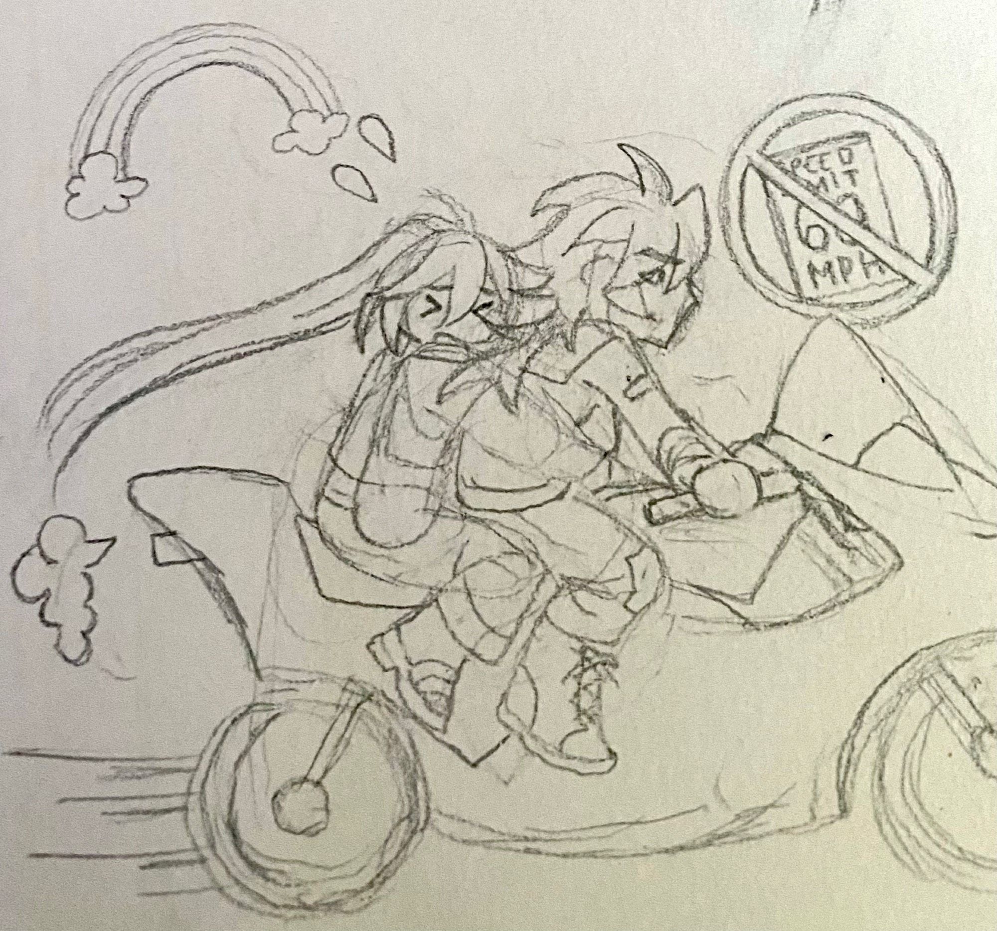 A messy attempt at chibis of Makina and Ulises. Makina drives his sportbike recklessly and Ulises hangs on for dear life.