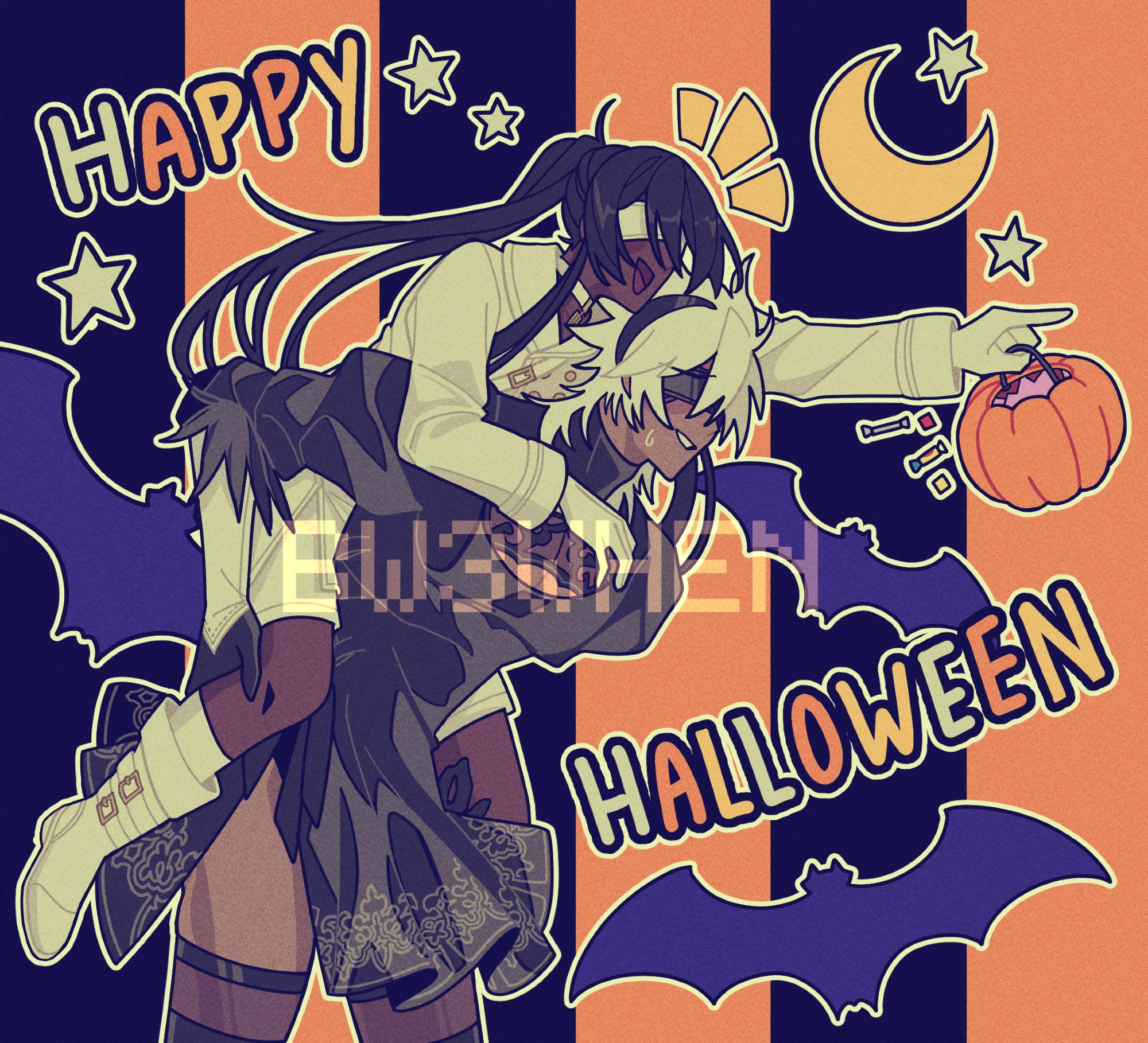 A digital illustration of Makina and Ulises dressed respectively as 2B and 9S from Nier: Automata. Ulises‘s 9S costume has an alternate color scheme that mimicks 2P’s, being all white instead of black. Makina carries Ulises on his back, who’s carrying a bucket of candy and pointing to their next trick-or-treating destination. The words HAPPY HALLOWEEN are written on the right in yellow, orange, and white, with bats, little stars and a crescent moon sticker surrounding them.